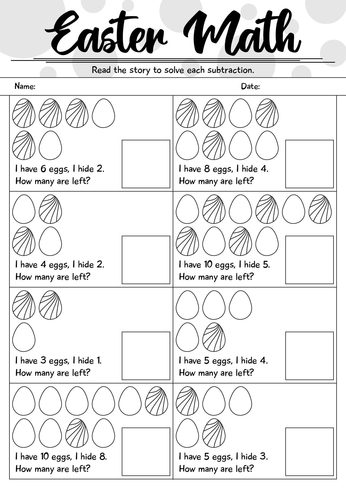 Easter Subtraction Math Worksheet