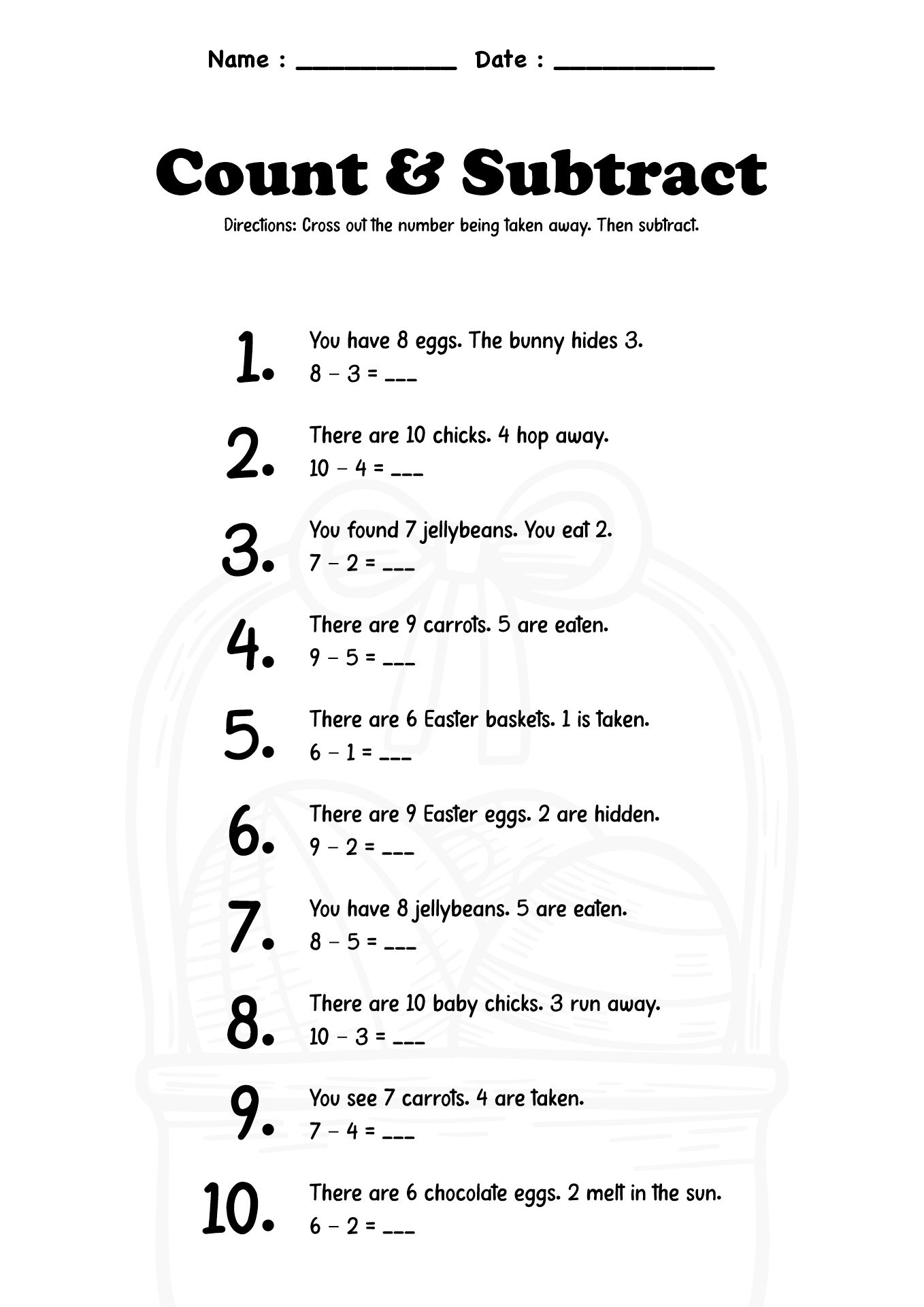Easter Subtraction Practice Sheets for 1st Grade
