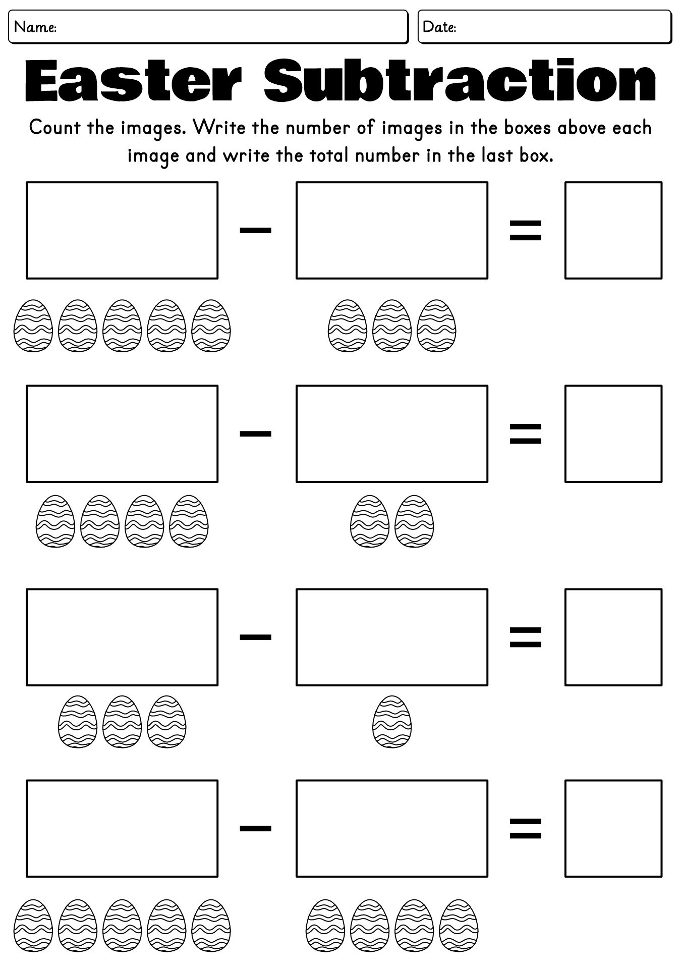 Easter Subtraction Sheets for 1st Graders