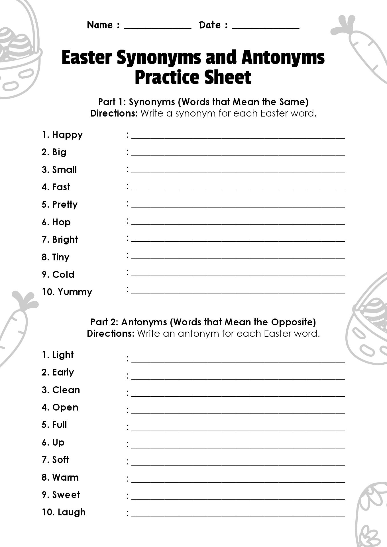 Easter Synonyms and Antonyms Practice Sheet