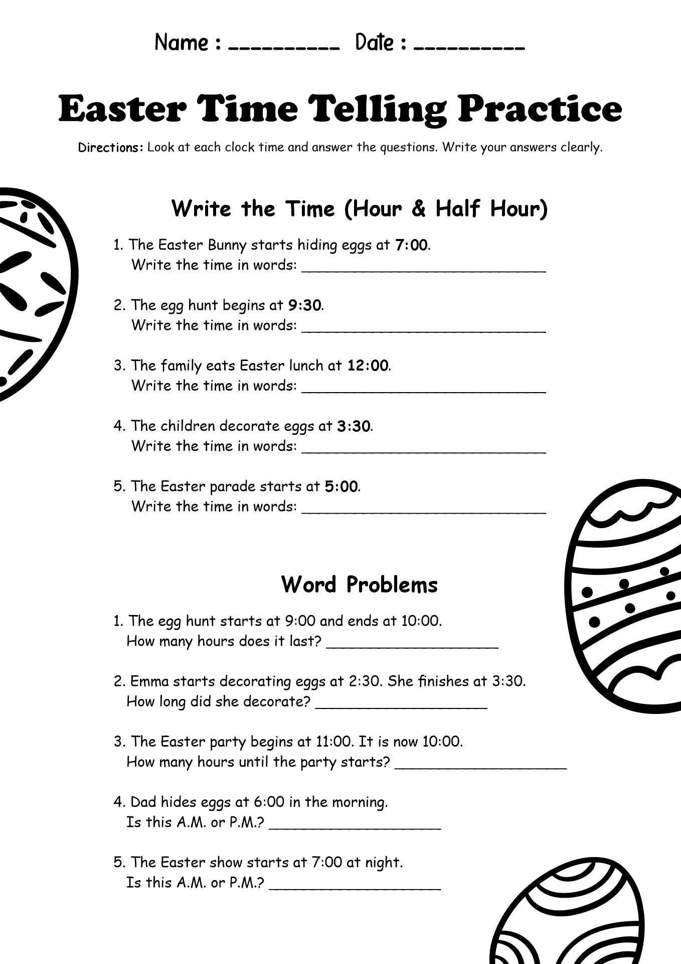 Easter-Themed Time Telling Practice for Grade 2