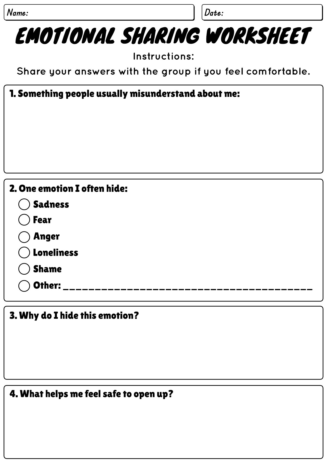 Emotional Intimacy Group Therapy Worksheets