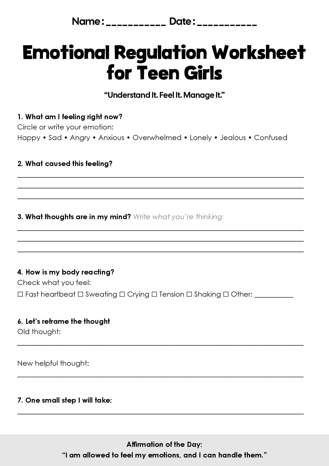 Emotional Regulation Worksheets for Teenage Girls