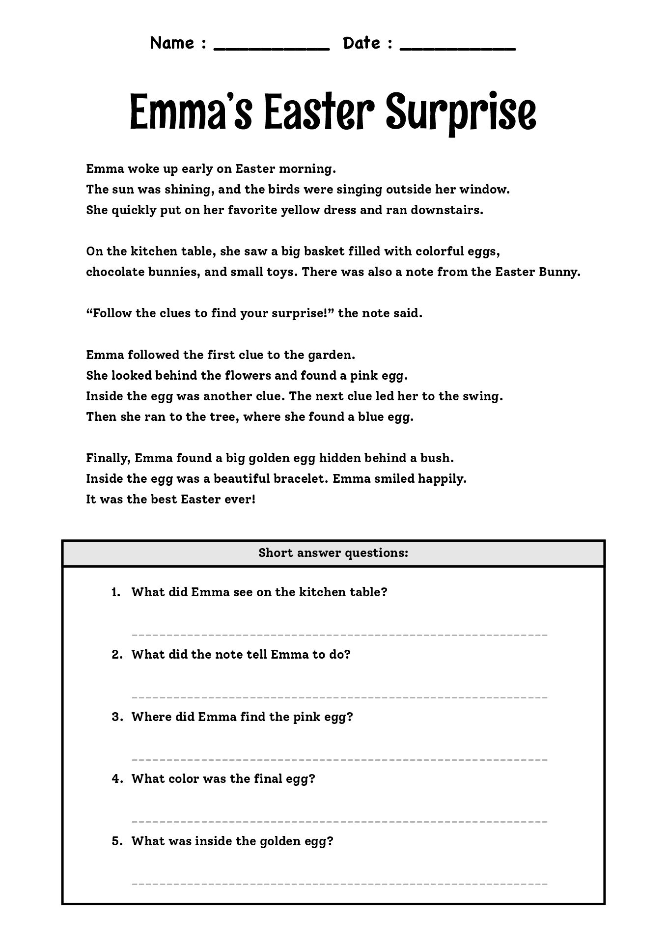 English Easter Reading Comprehension Worksheet