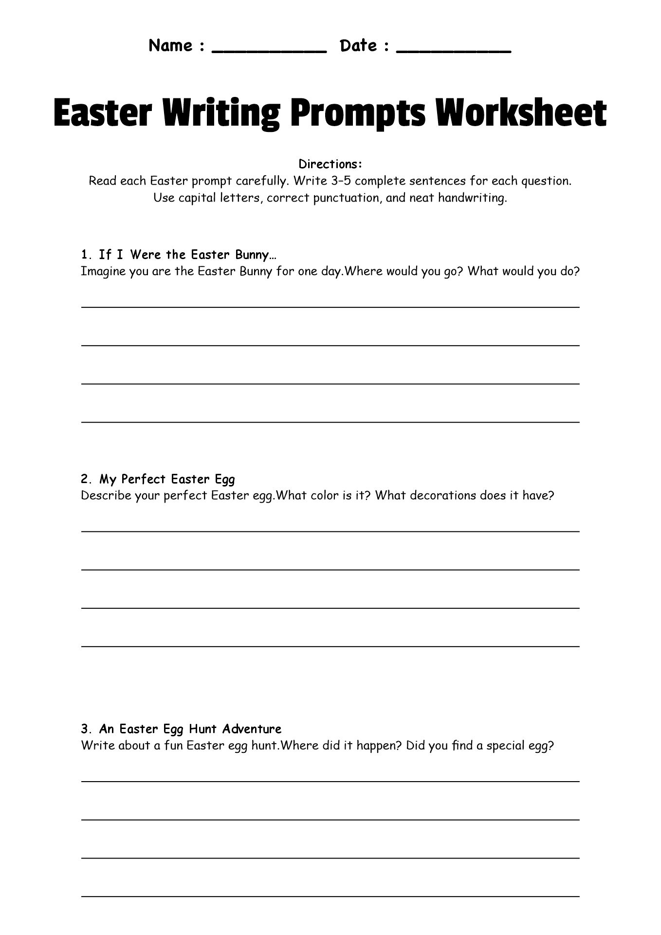 English Easter Writing Prompts Worksheet