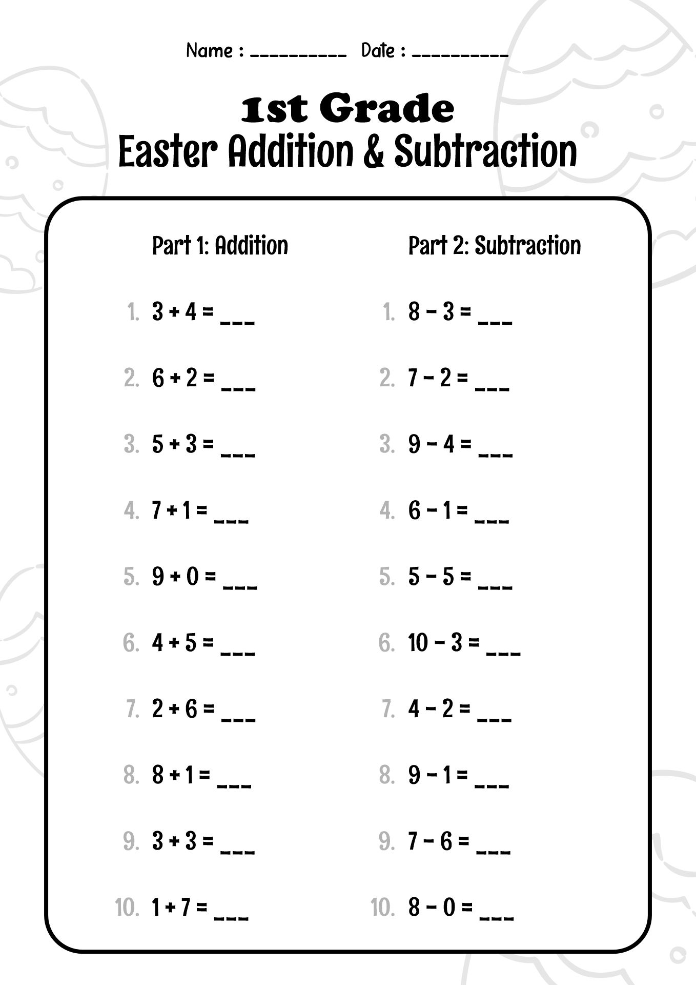 First Grade Easter Addition and Subtraction