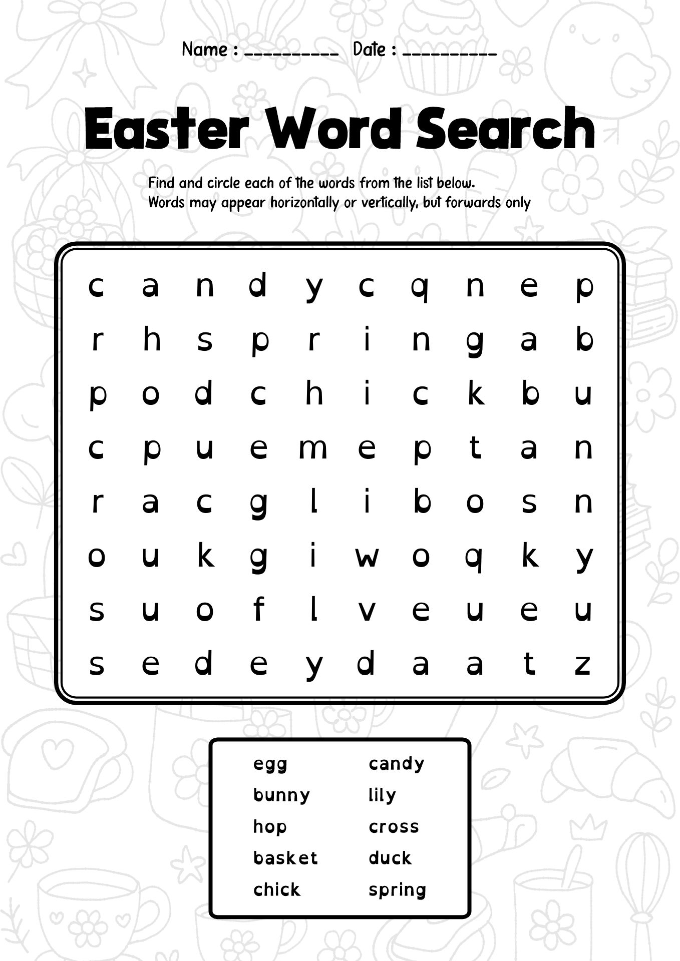 First Grade Easter Themed Word Search