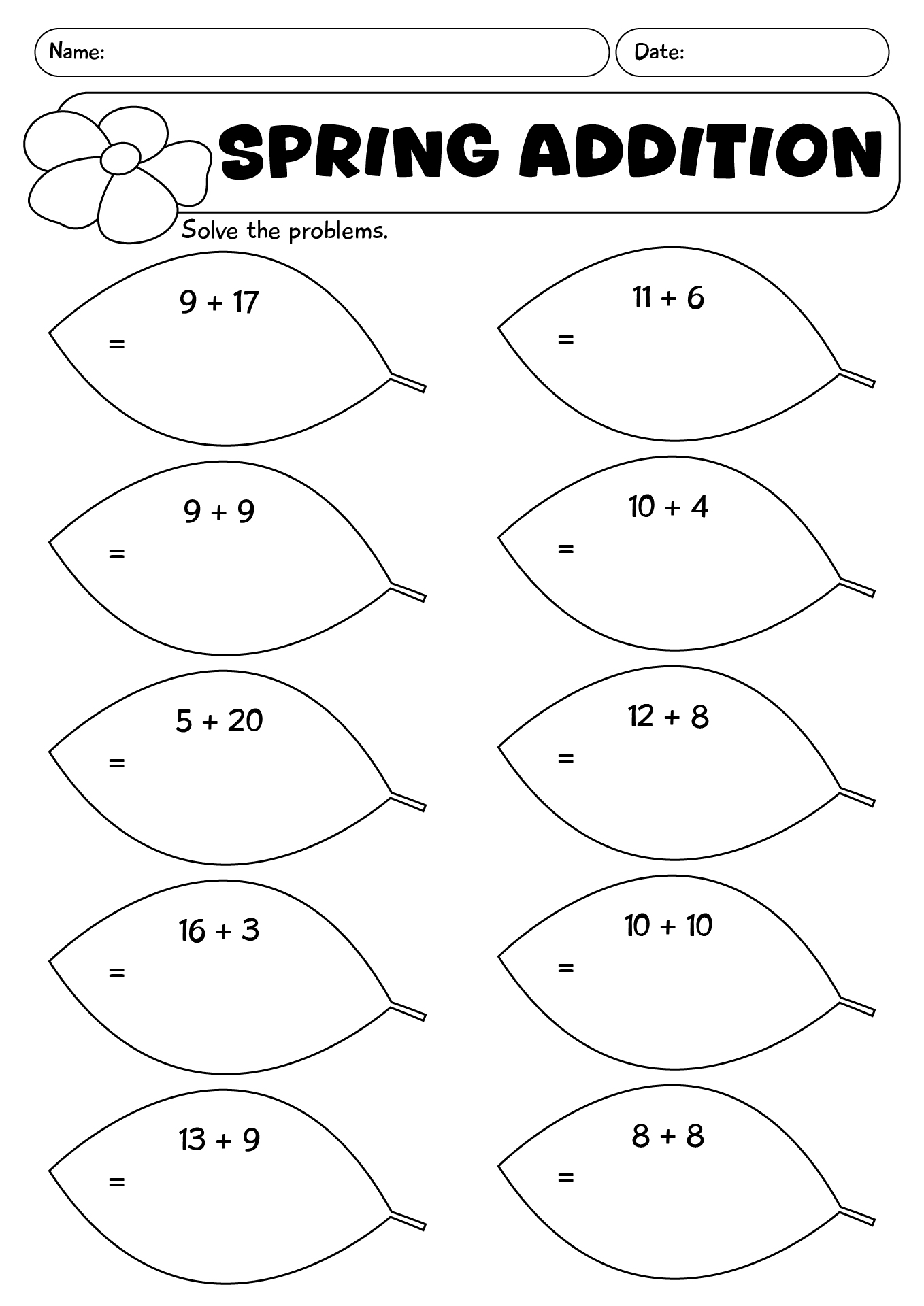 First Grade Spring Addition Worksheet