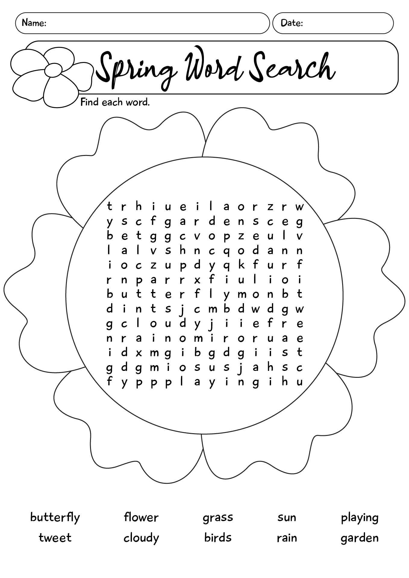 First Grade Spring Themed Words Search