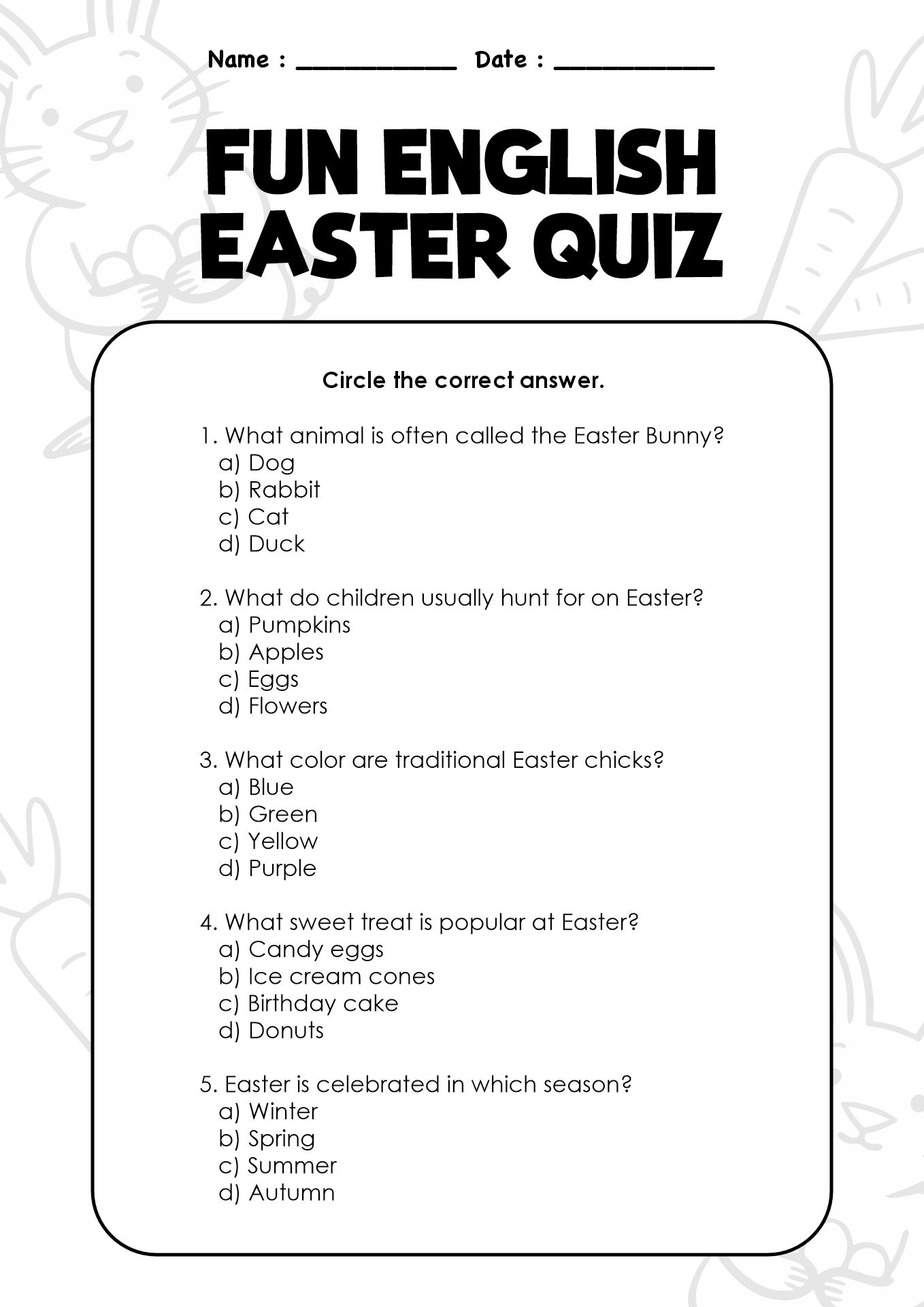 Fun English Easter Quiz Worksheet