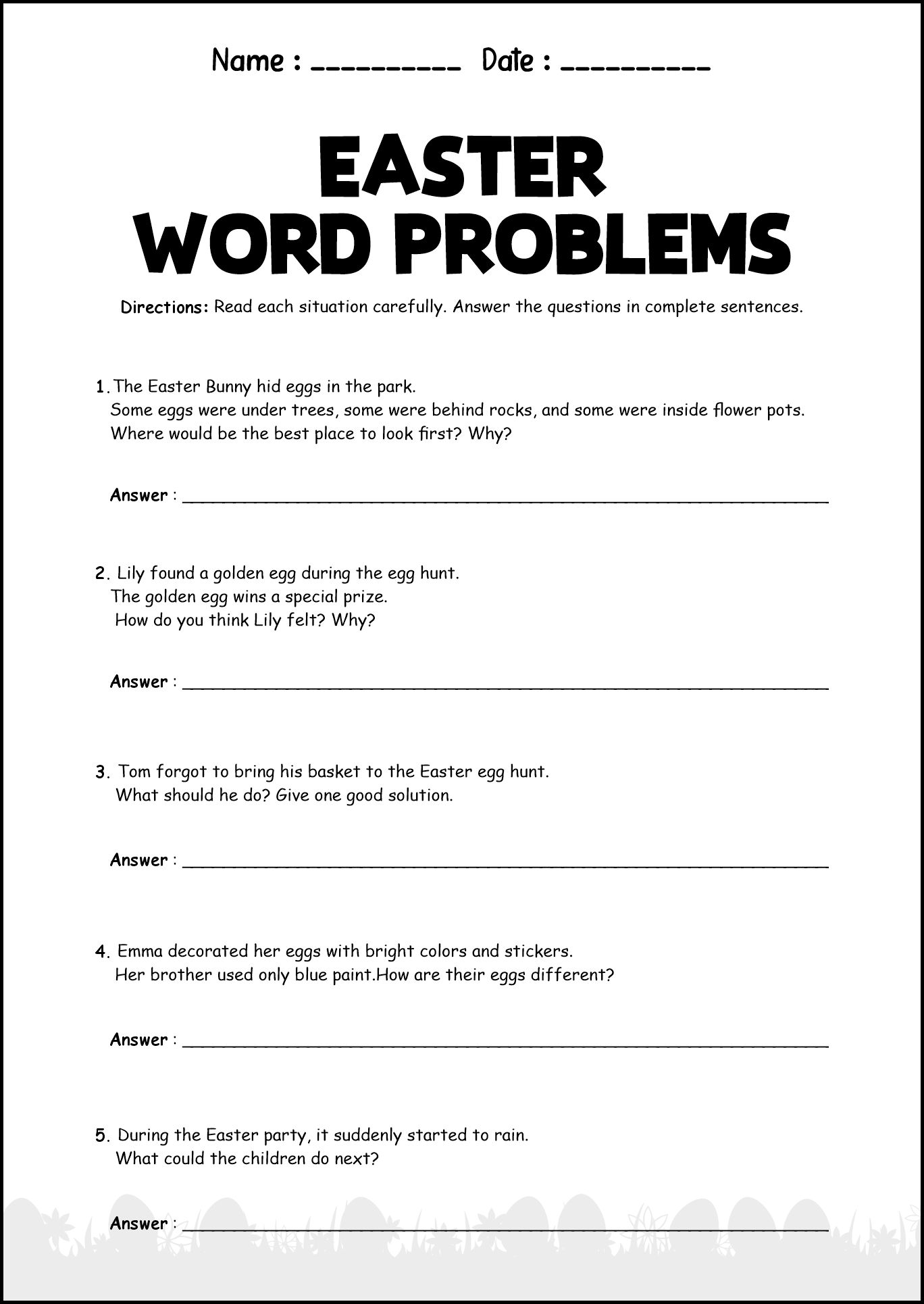 Grade 2 Easter Themed Word Problems Worksheets
