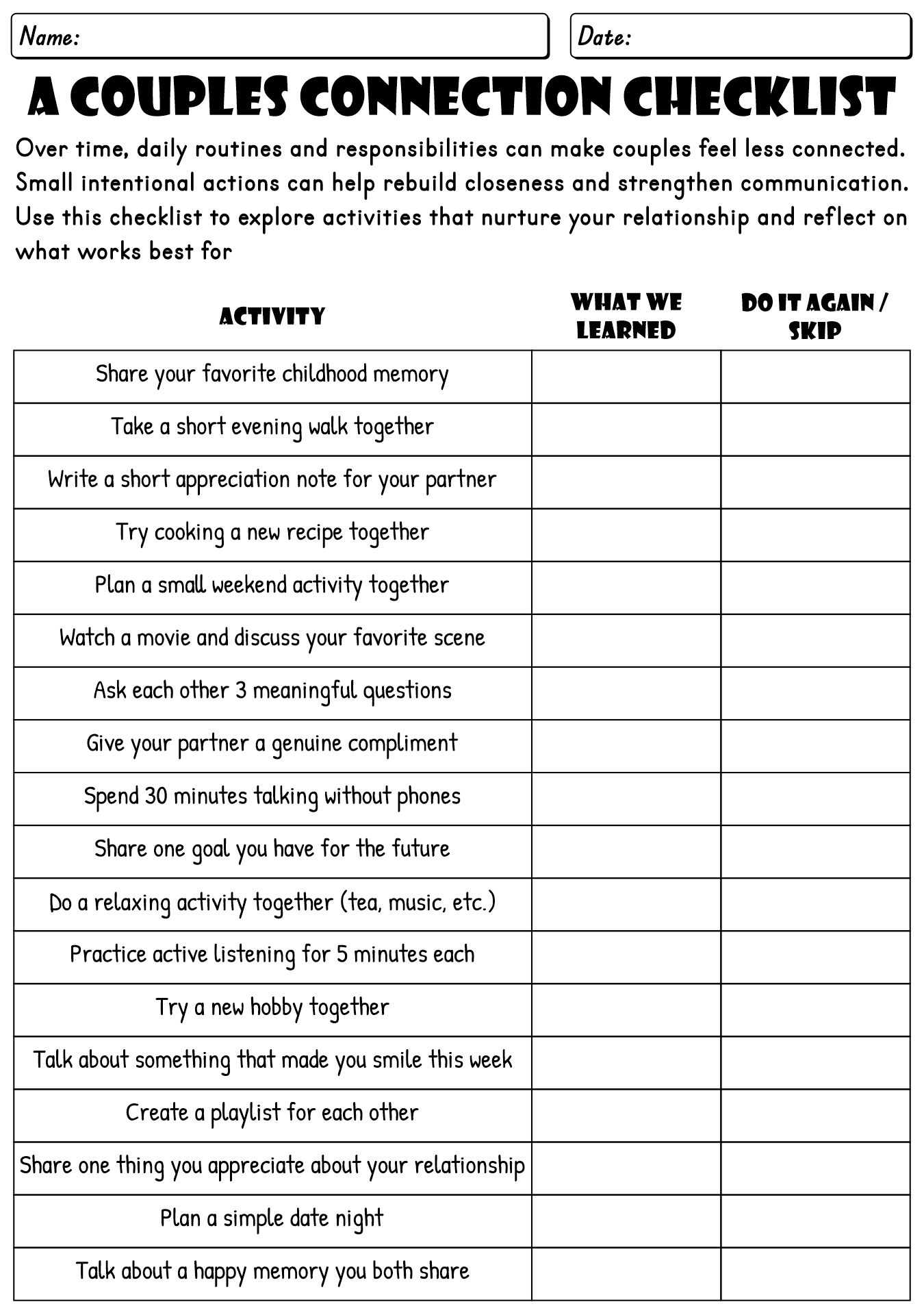 Group Therapy Worksheets for Couples Communication