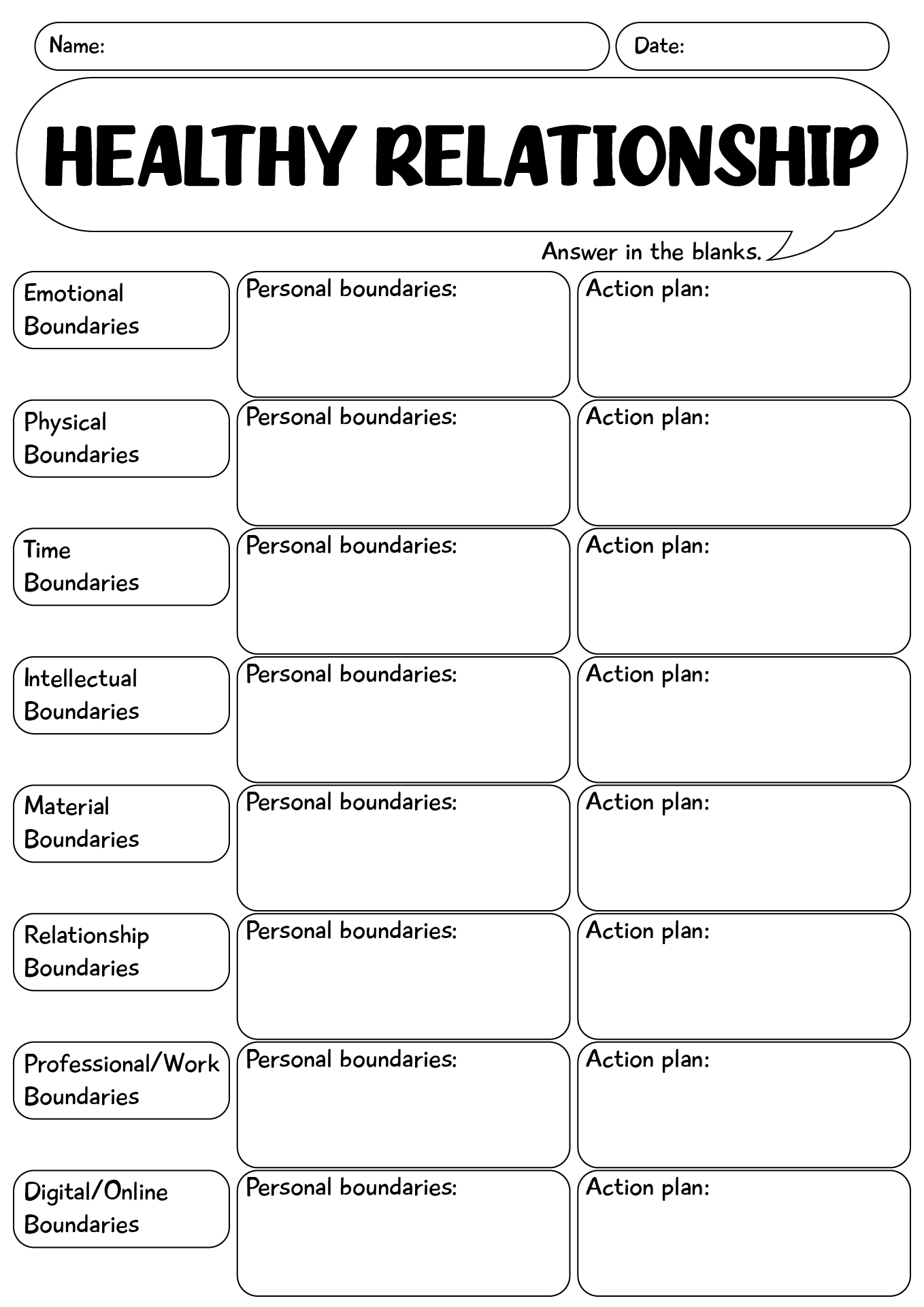 Healthy Relationship Boundaries Worksheets
