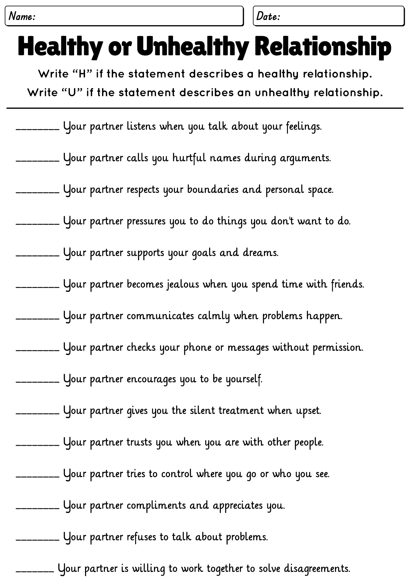 Healthy Relationship Worksheets
