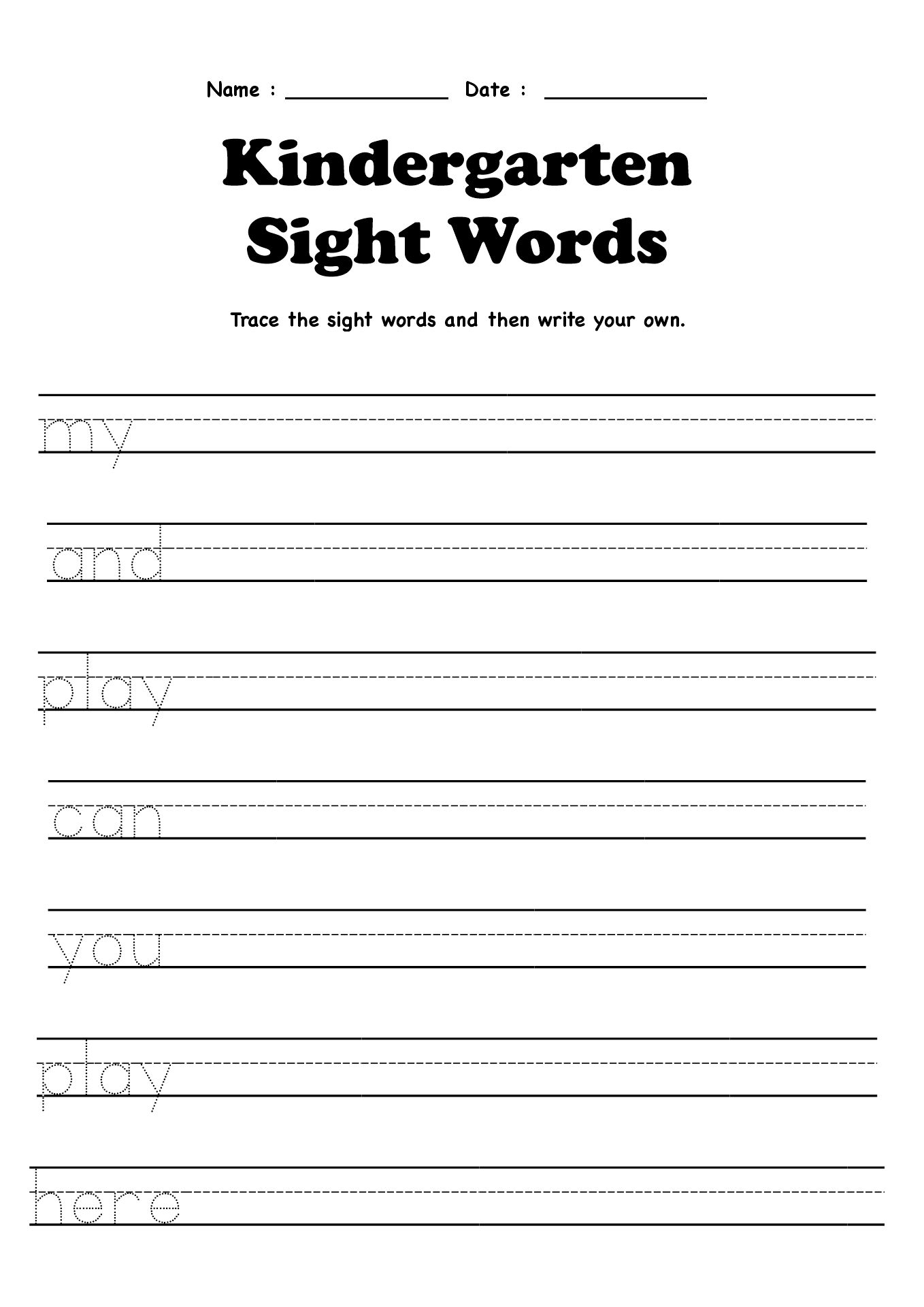 Kindergarten Sight Words Writing Worksheets