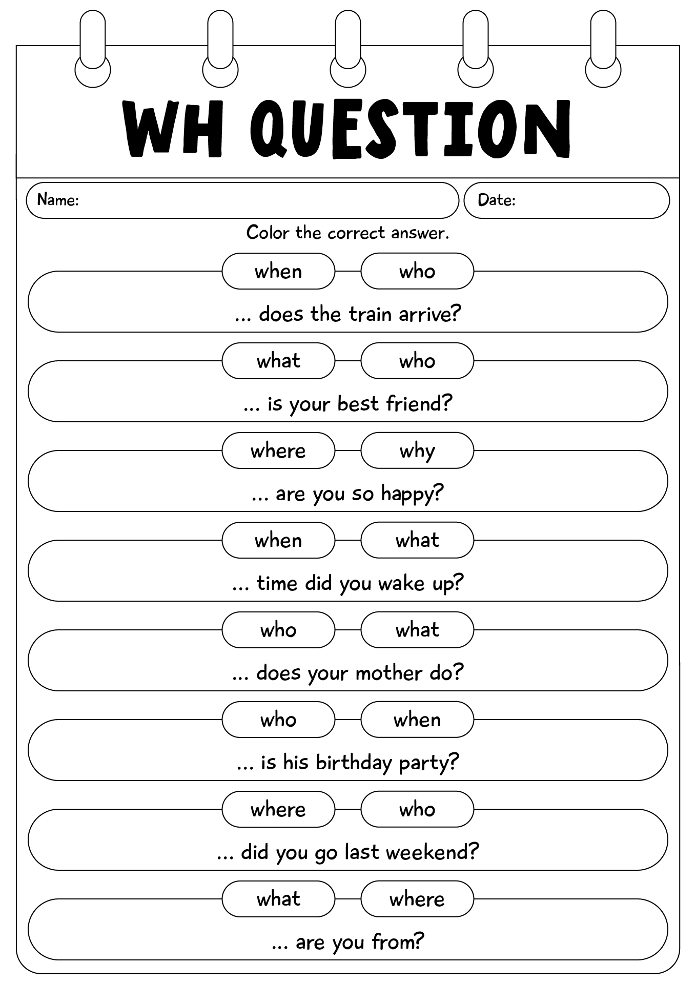 Kindergarten WH Question Practice