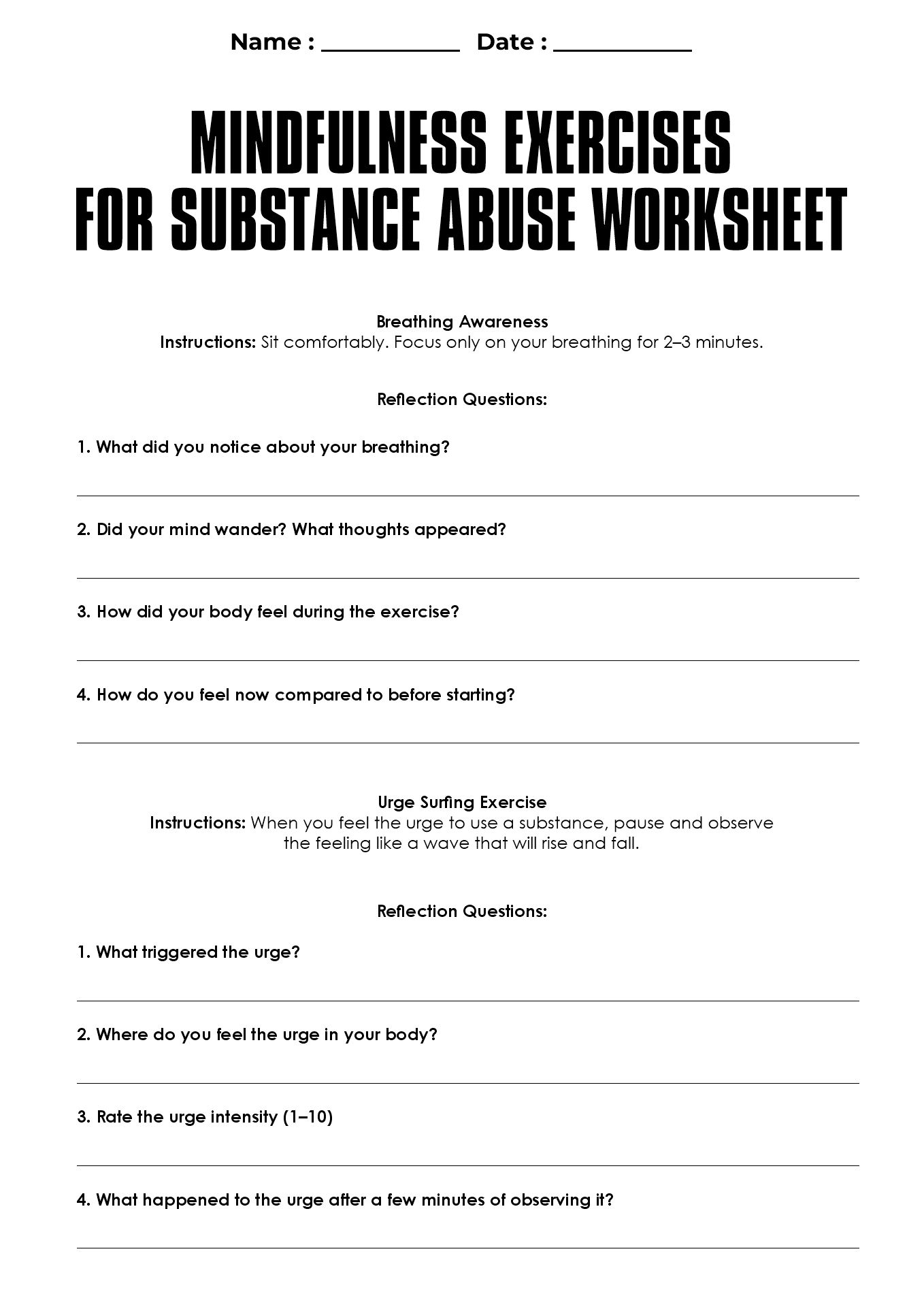 Mindfulness Exercises for Substance Abuse Worksheets