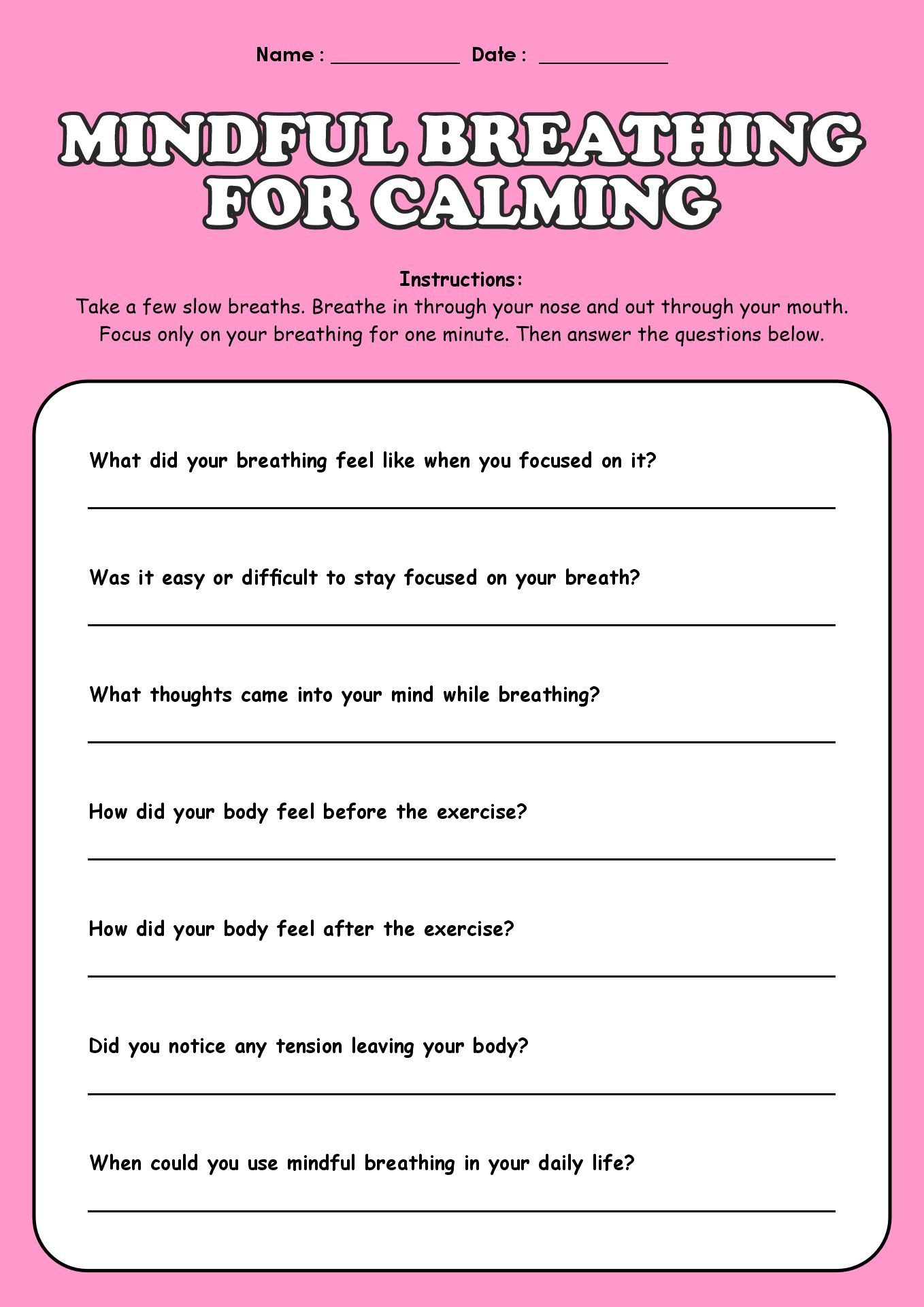 Mindfulness Exercises Worksheets for Teenage Girls