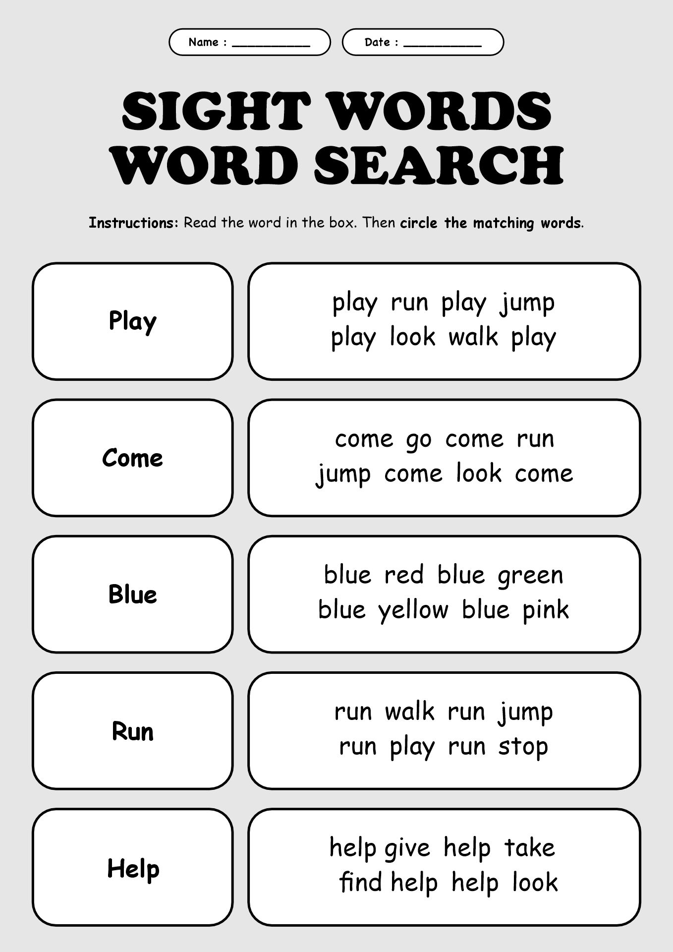 Pre-K Sight Words Writing Worksheets