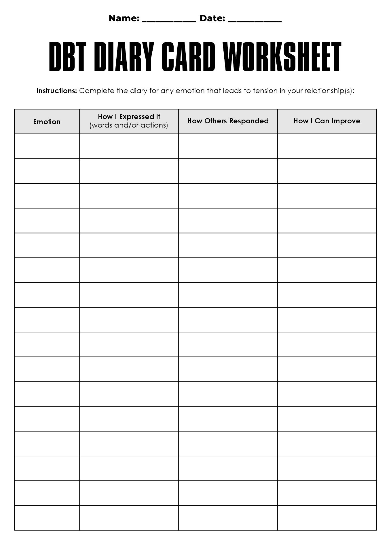 Printable DBT Diary Cards Worksheets