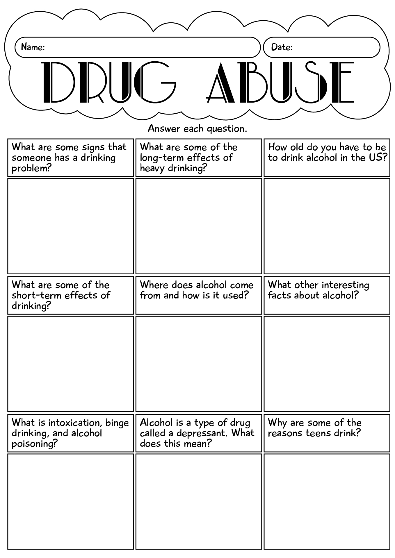 Printable Drug Abuse Worksheets