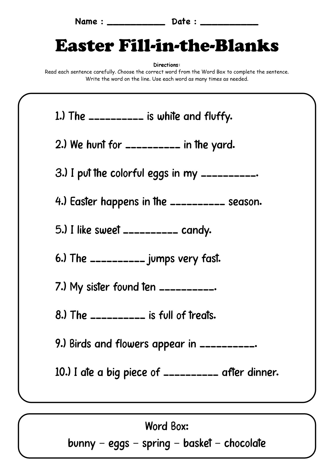 Printable English Easter Worksheet for Kids