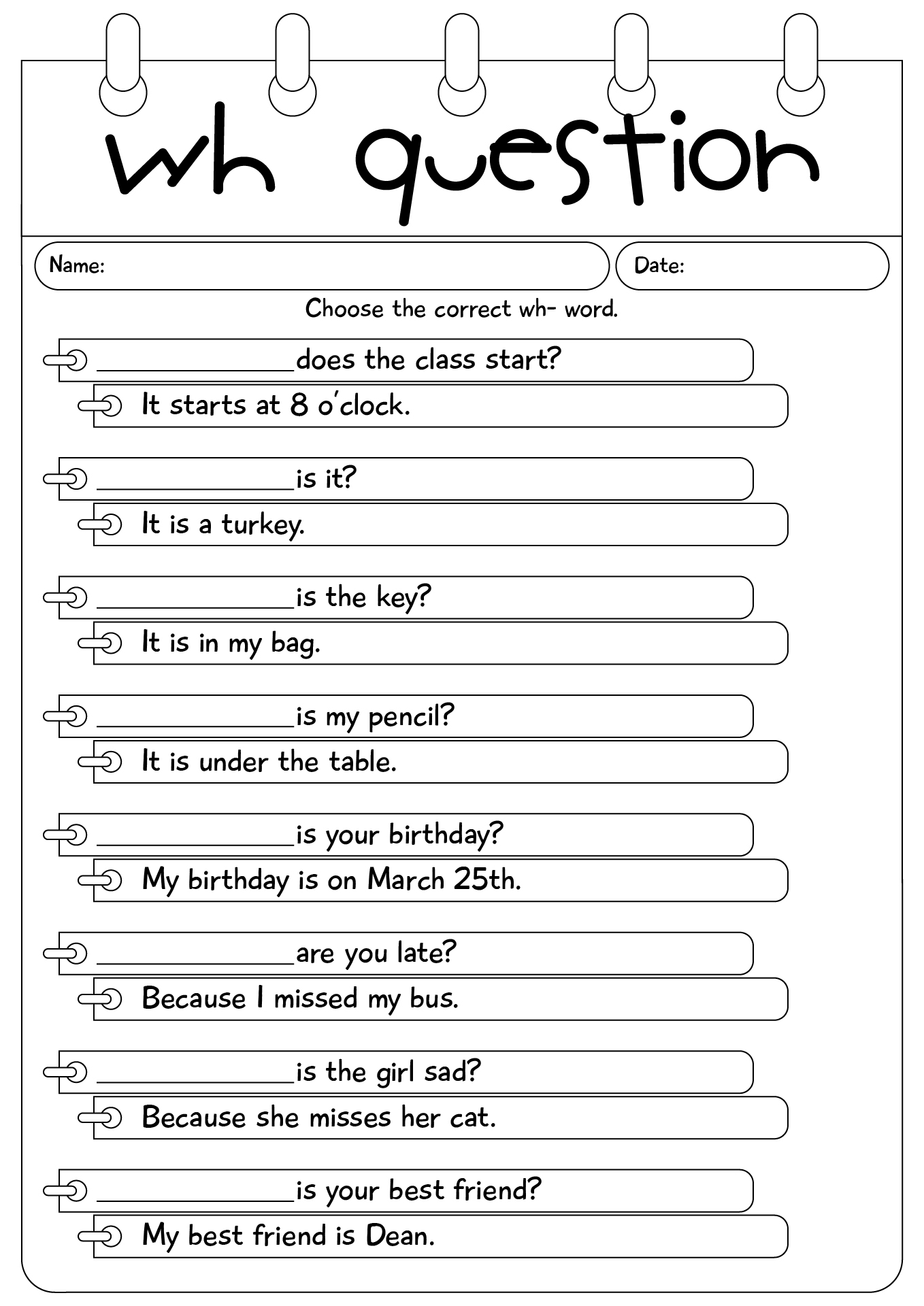 Printable WH Questions Worksheets