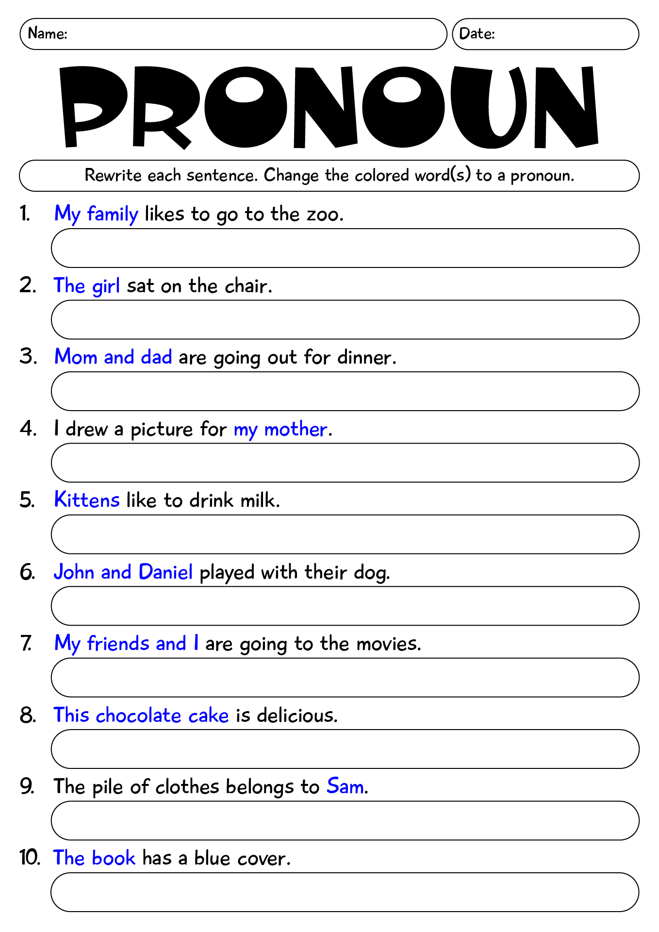 Pronoun Practice 2nd Grade Worksheets