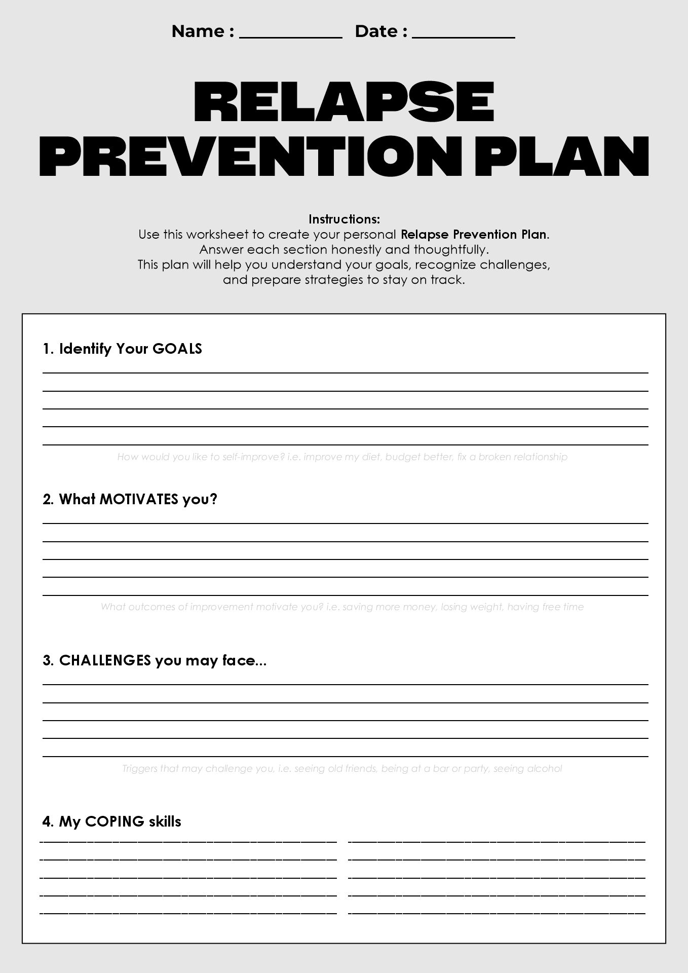 Relapse Prevention Worksheets for Substance Abuse