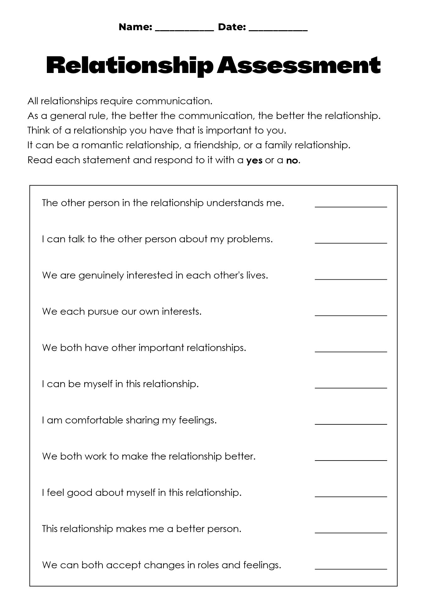 Relationship Boundaries Assessment Worksheet