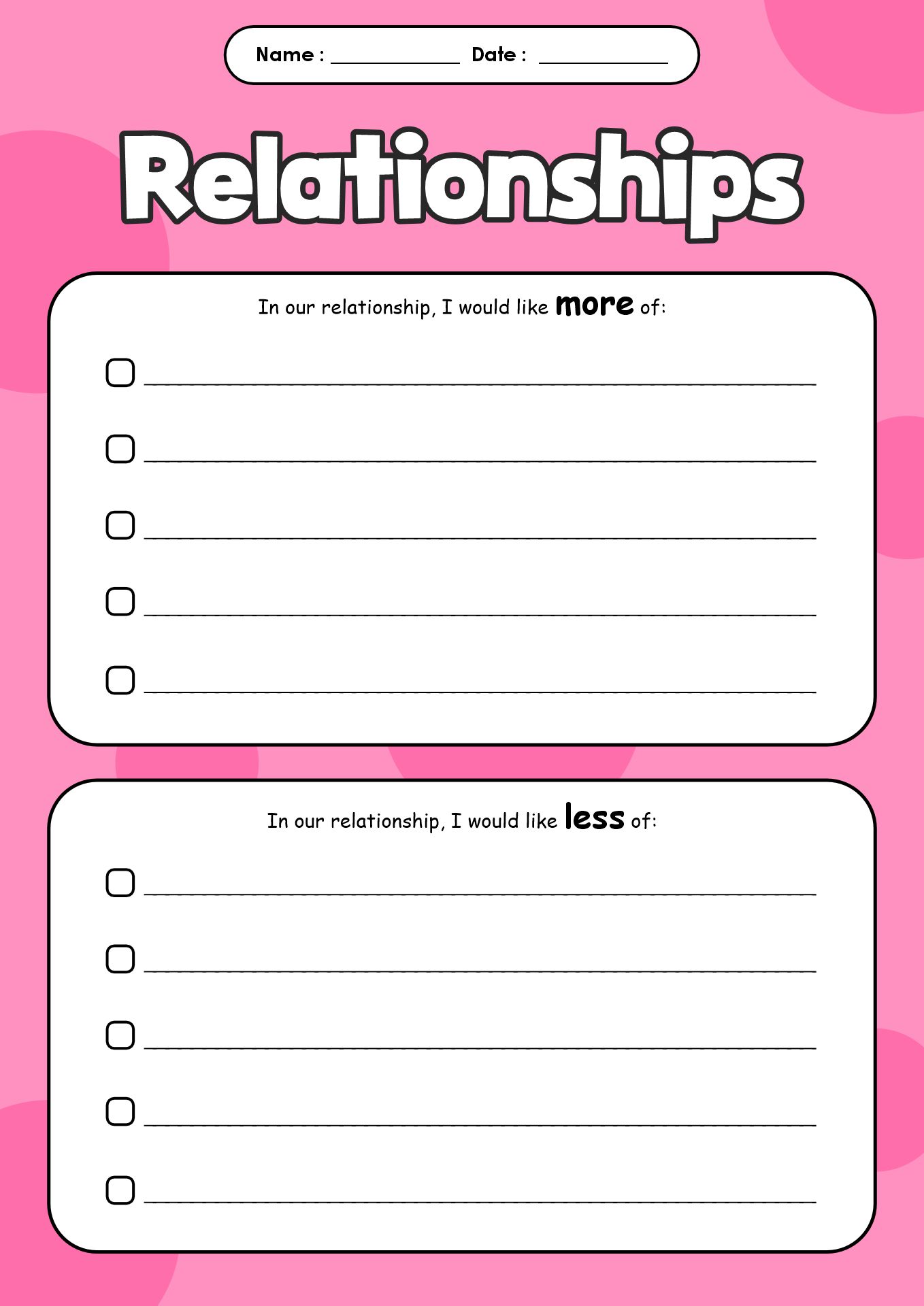Relationship Building Worksheets for Teen Girls