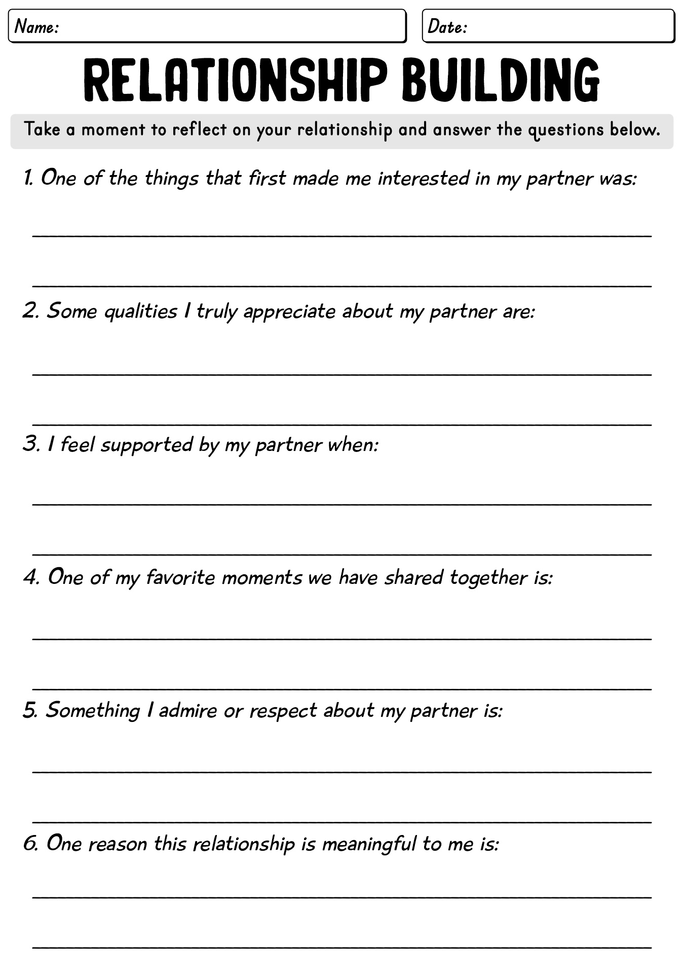 Relationship Growth Activity Worksheet