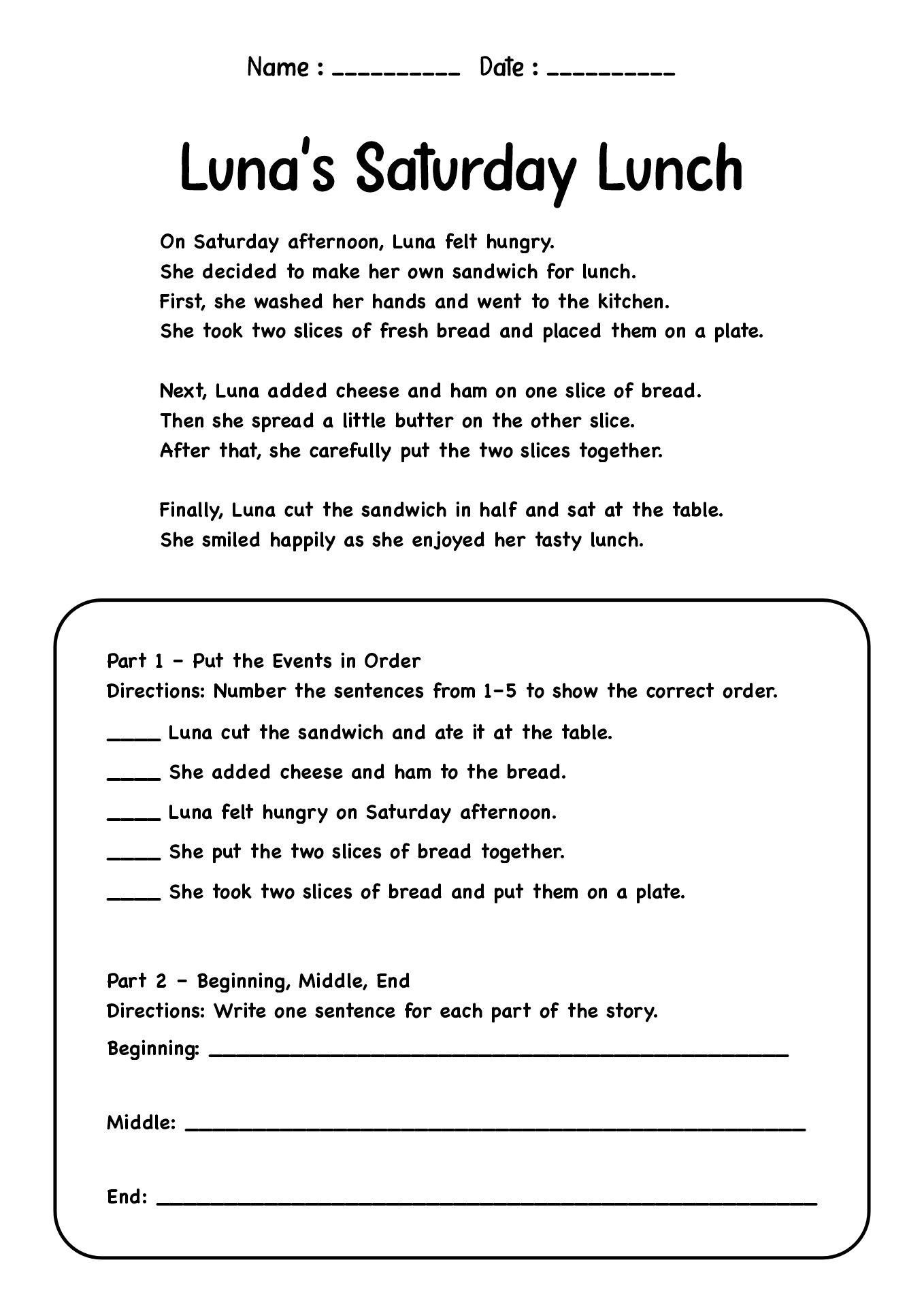 Second Grade Story Sequence Reading Activities