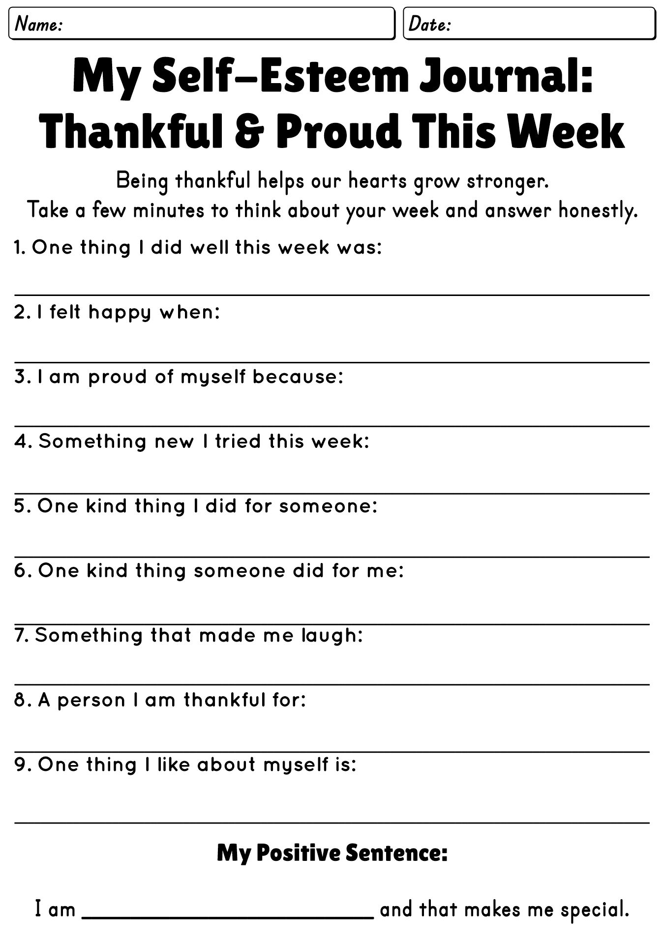 Self-Esteem Building Worksheets for Young Adults