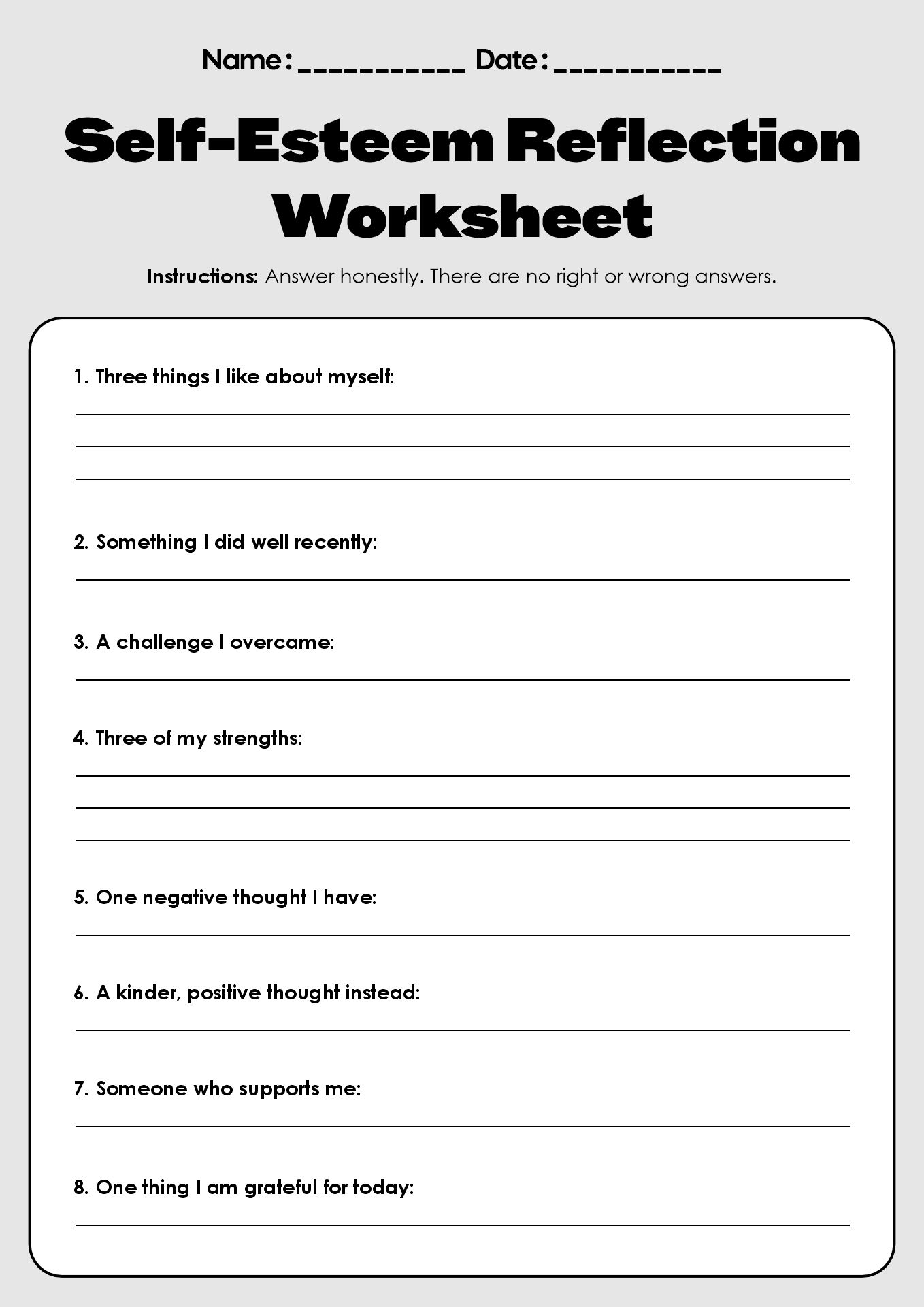 Self-Esteem Worksheets for Teen Girls