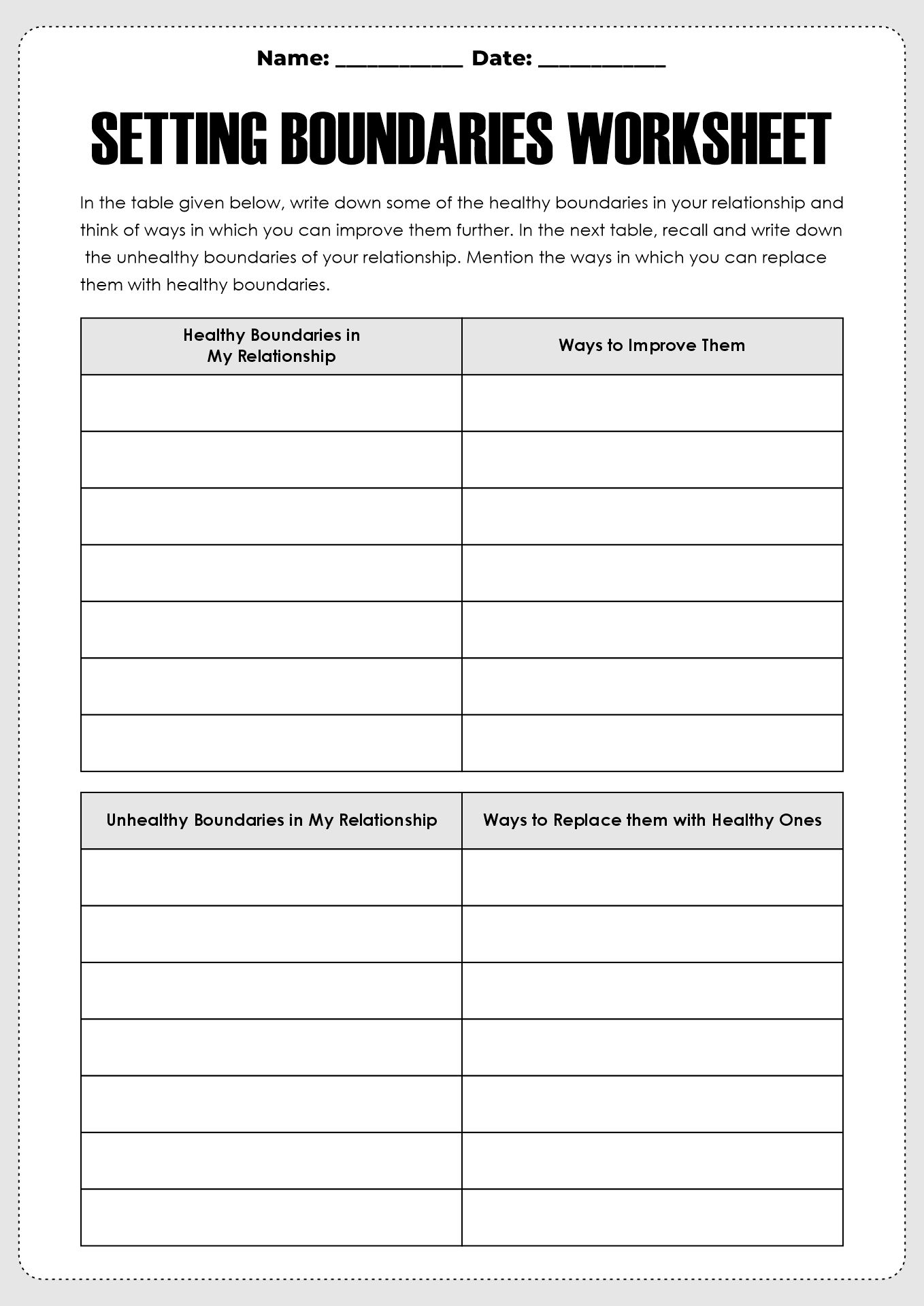 Setting Boundaries in Relationships Worksheet