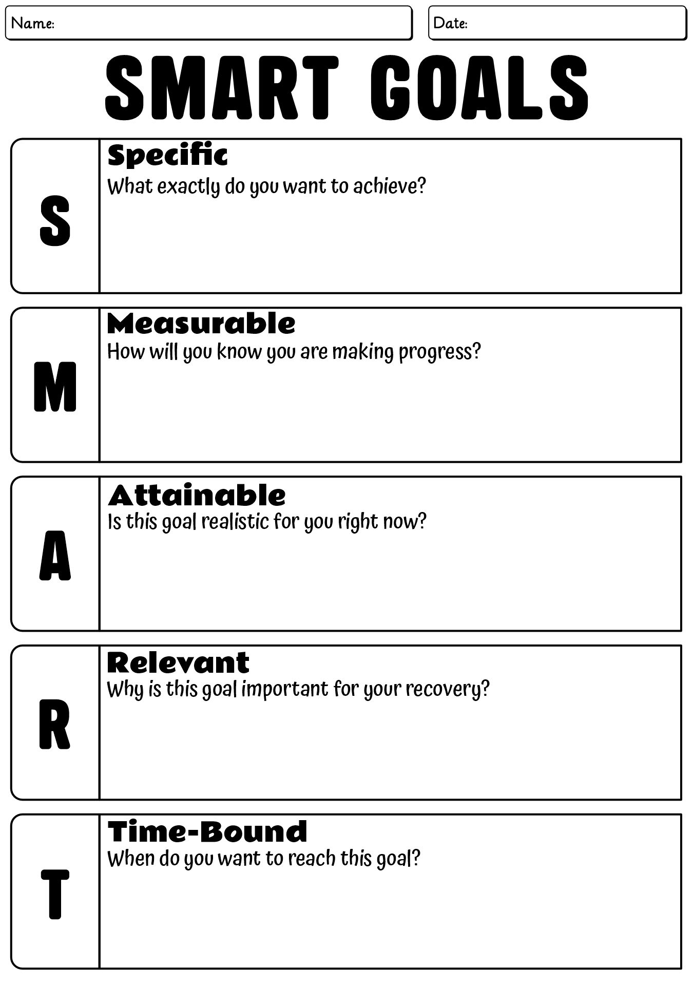 SMART Goals For Addiction Worksheet