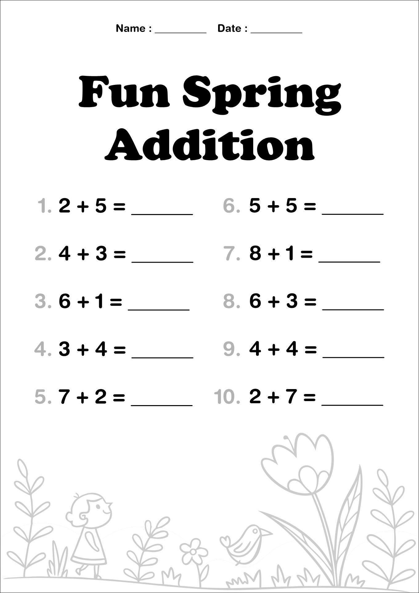 Spring Math Addition Worksheets First Grade