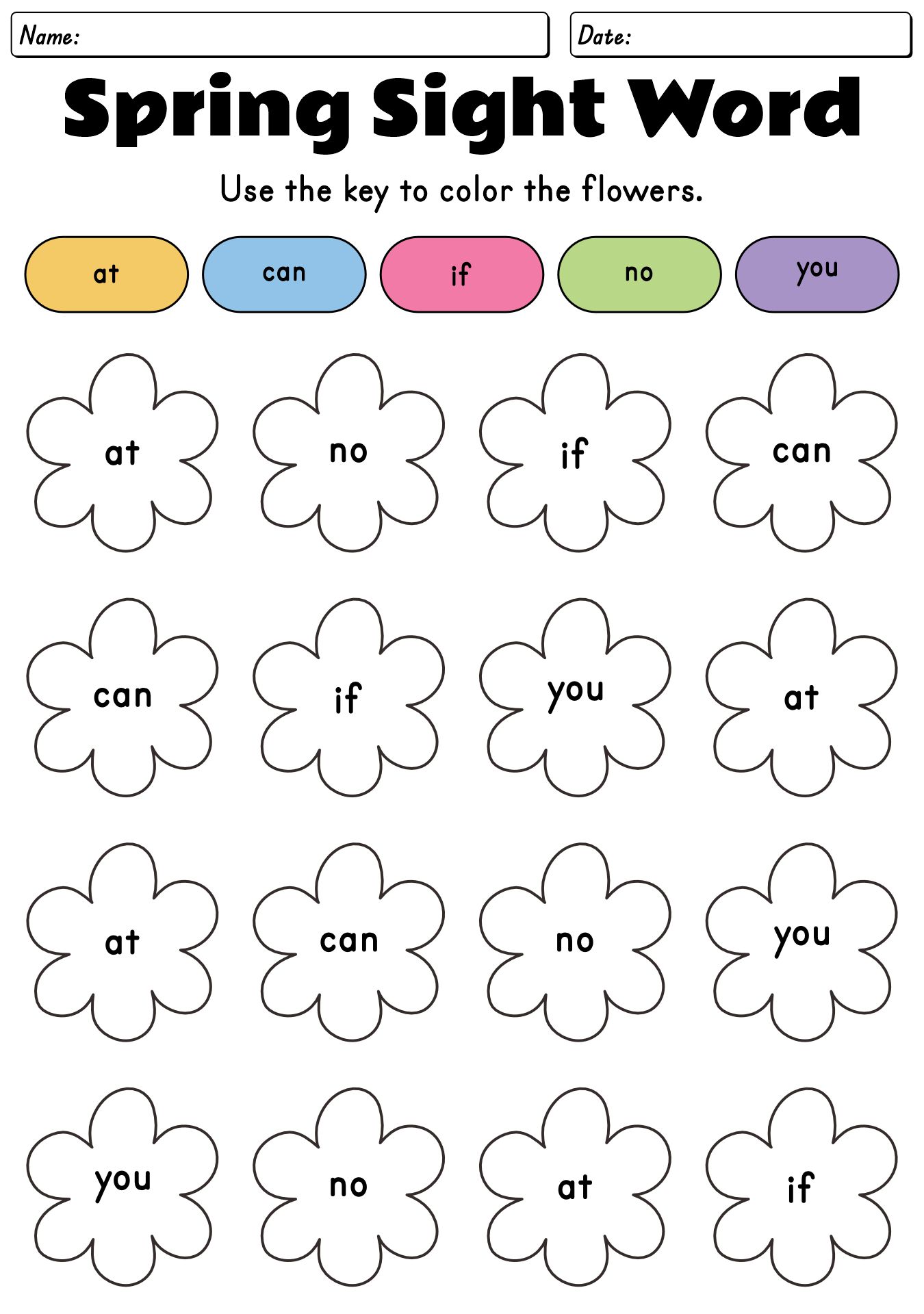 Spring Preschool Sight Word Worksheets