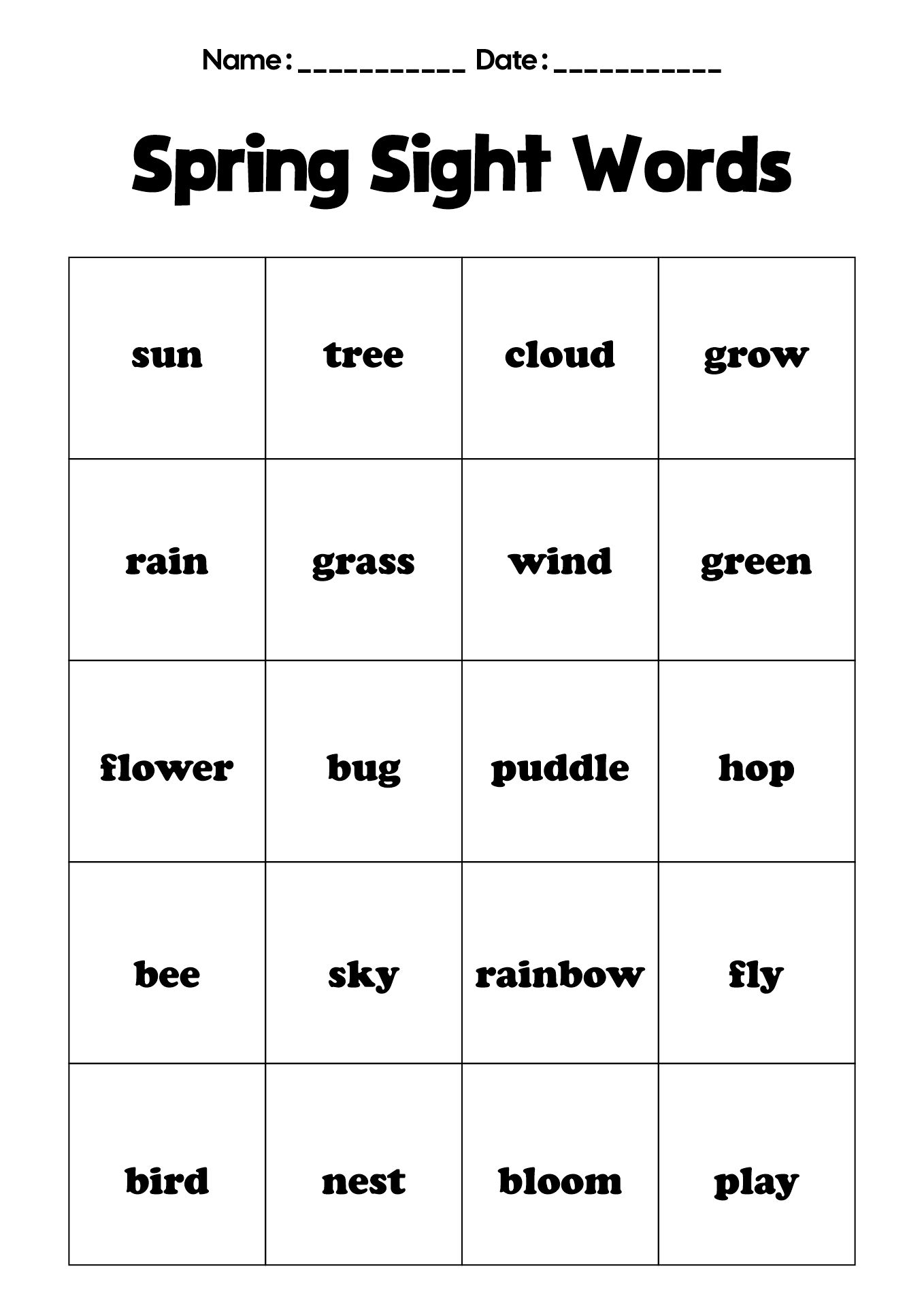 Spring Themed Sight Words Worksheets for Preschoolers