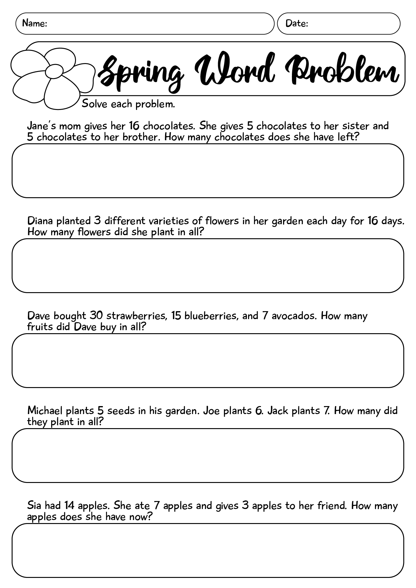 Spring Word Problems Worksheets