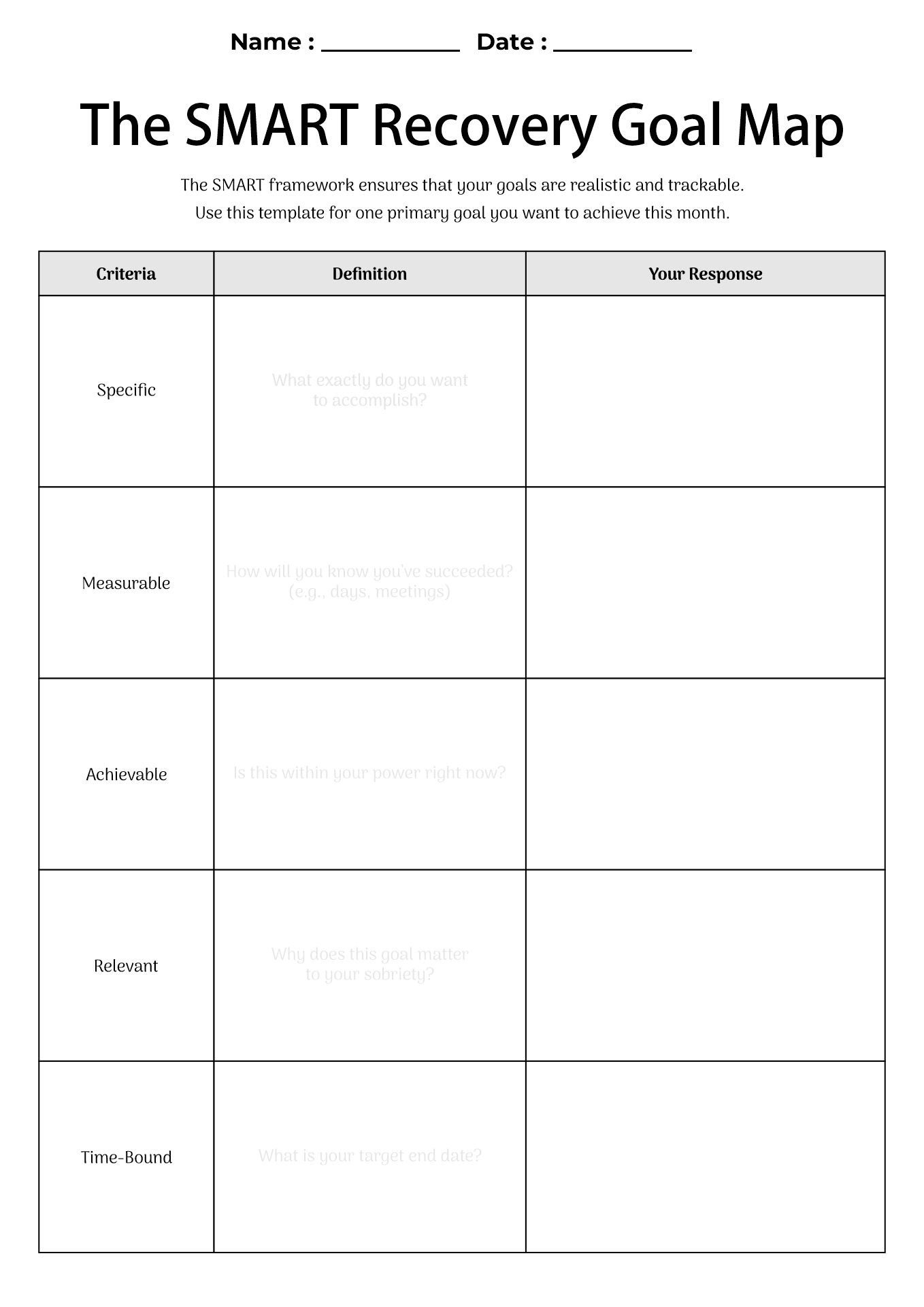 Substance Abuse Recovery Goal Setting Worksheets