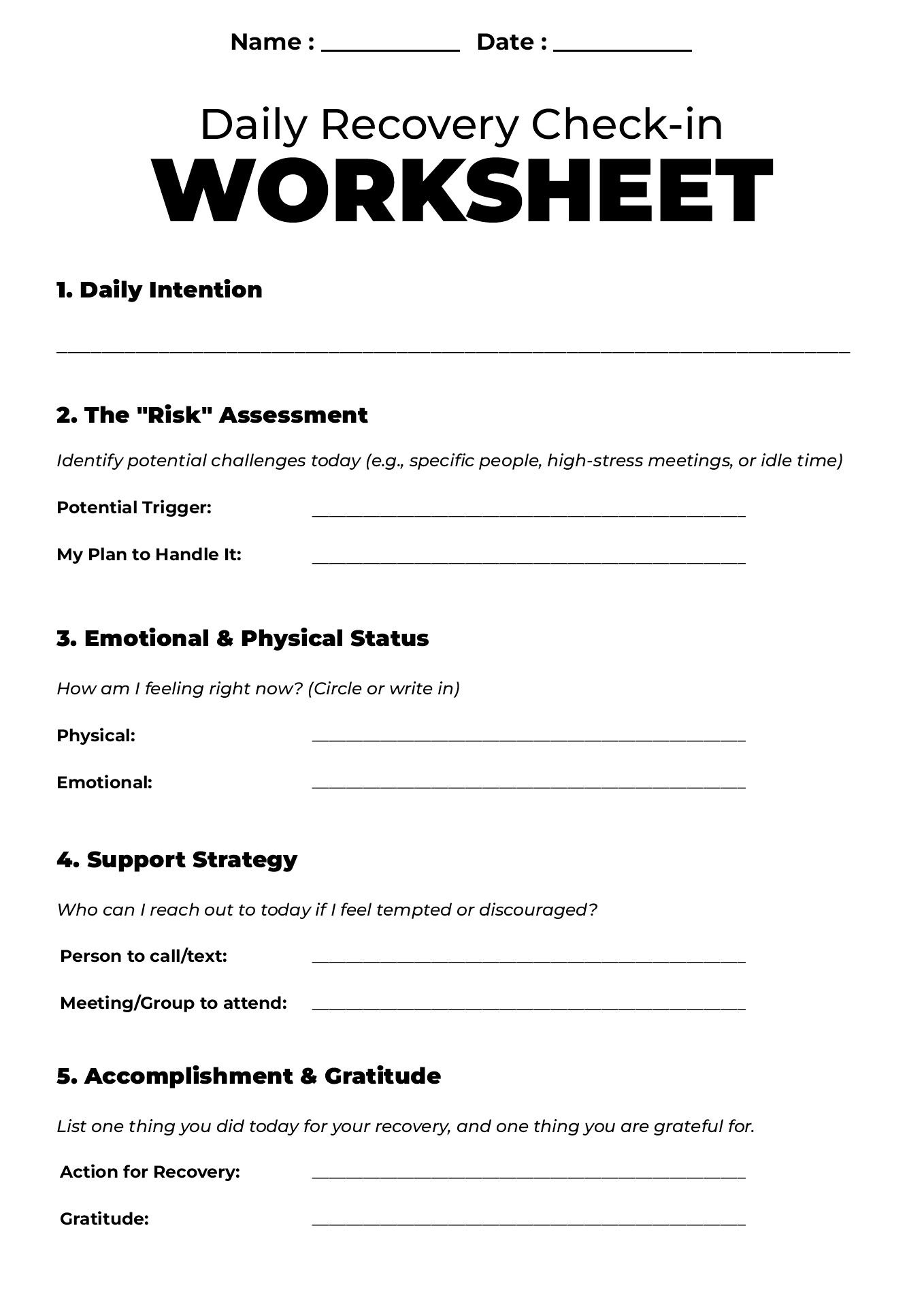 Substance Abuse Recovery Plan Worksheets