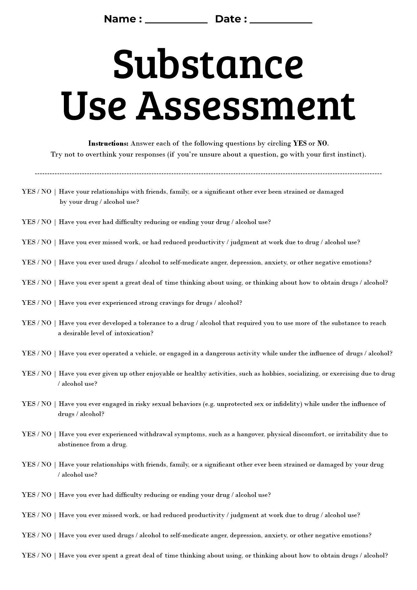 Substance Abuse Self-Assessment Worksheets