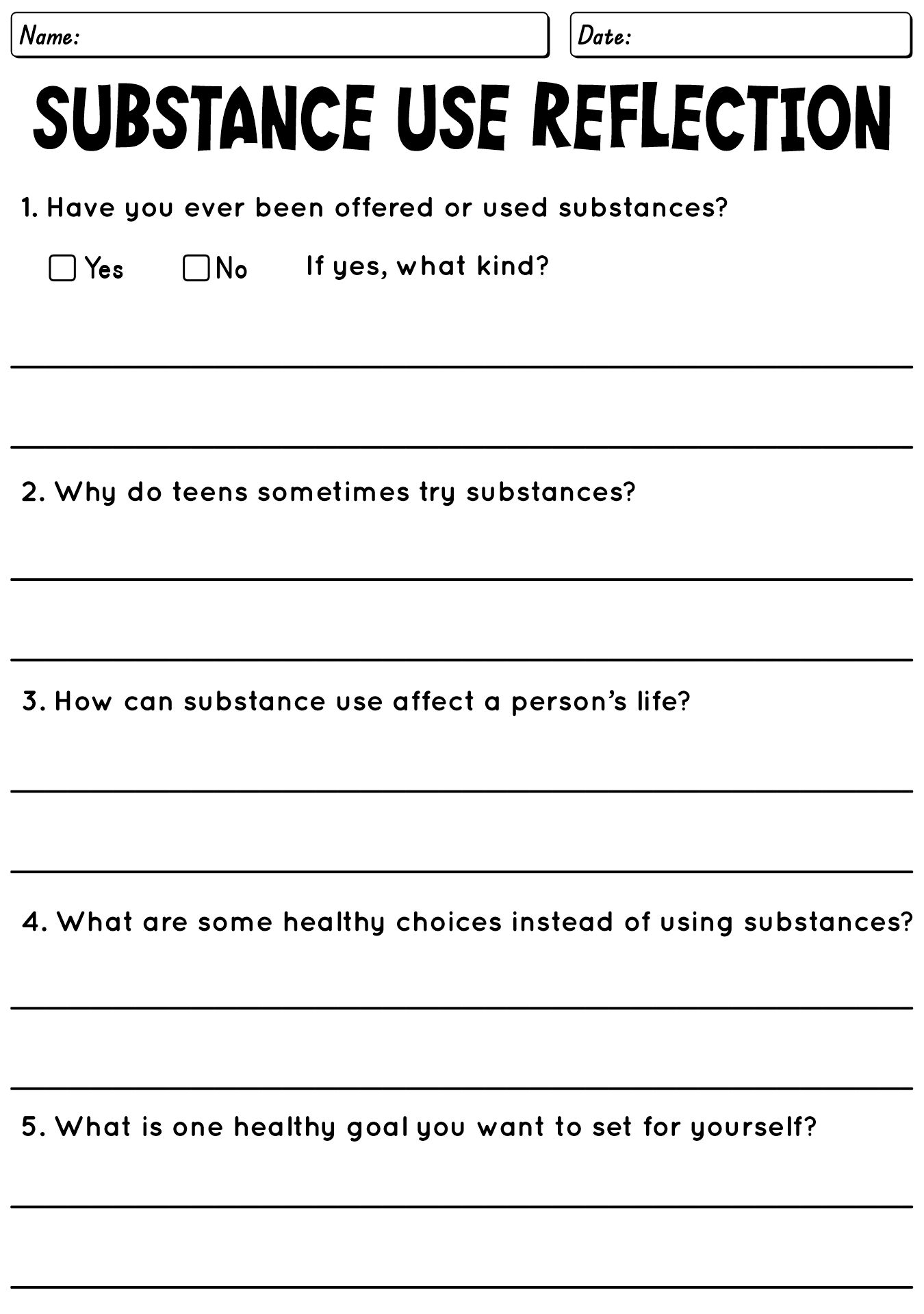 Substance Abuse Worksheet For Teens