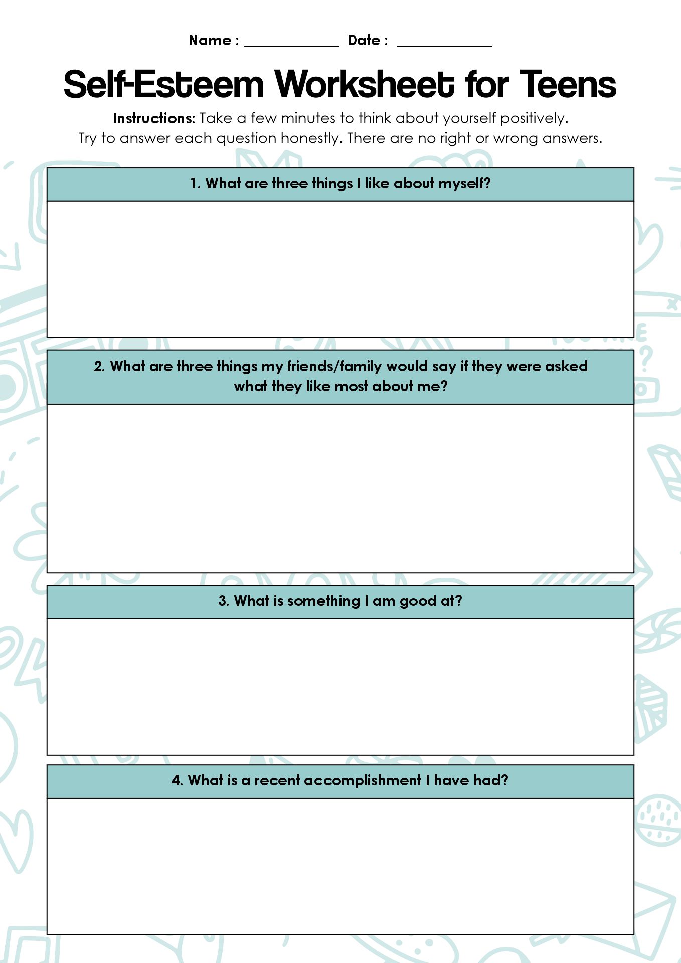 Therapy Worksheets on Self-Esteem for Teen Girls