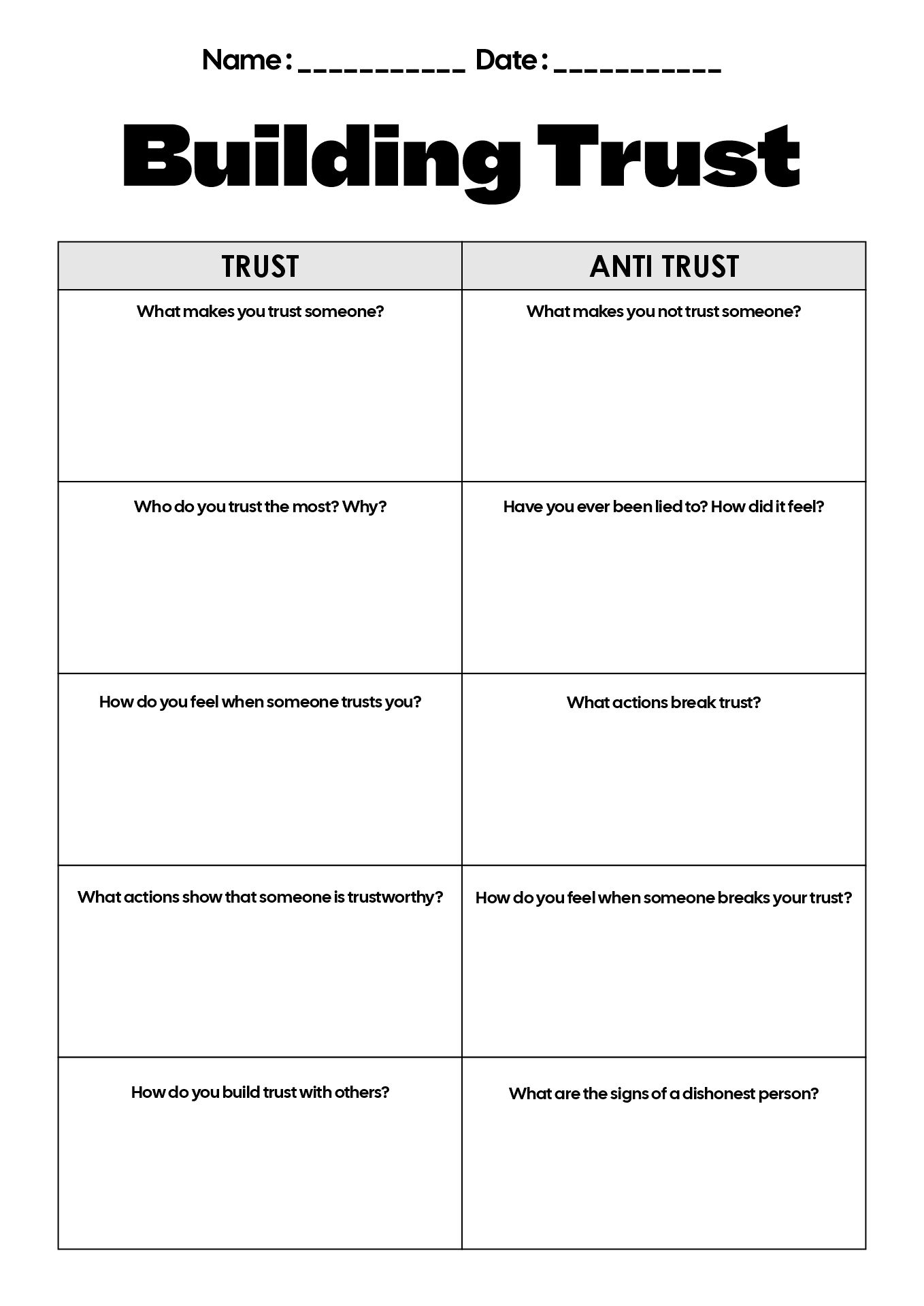Trust Building Activities Worksheet