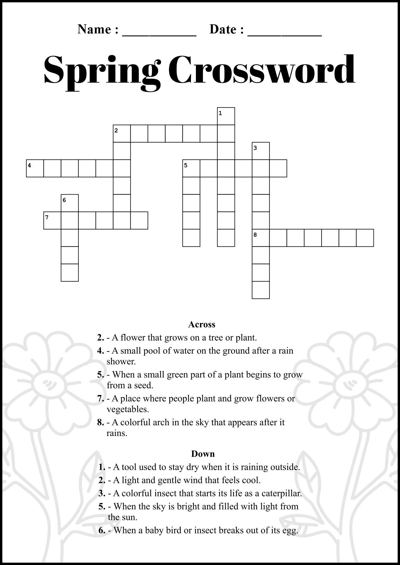 Welcome Spring Crossword Puzzle 3rd Grade