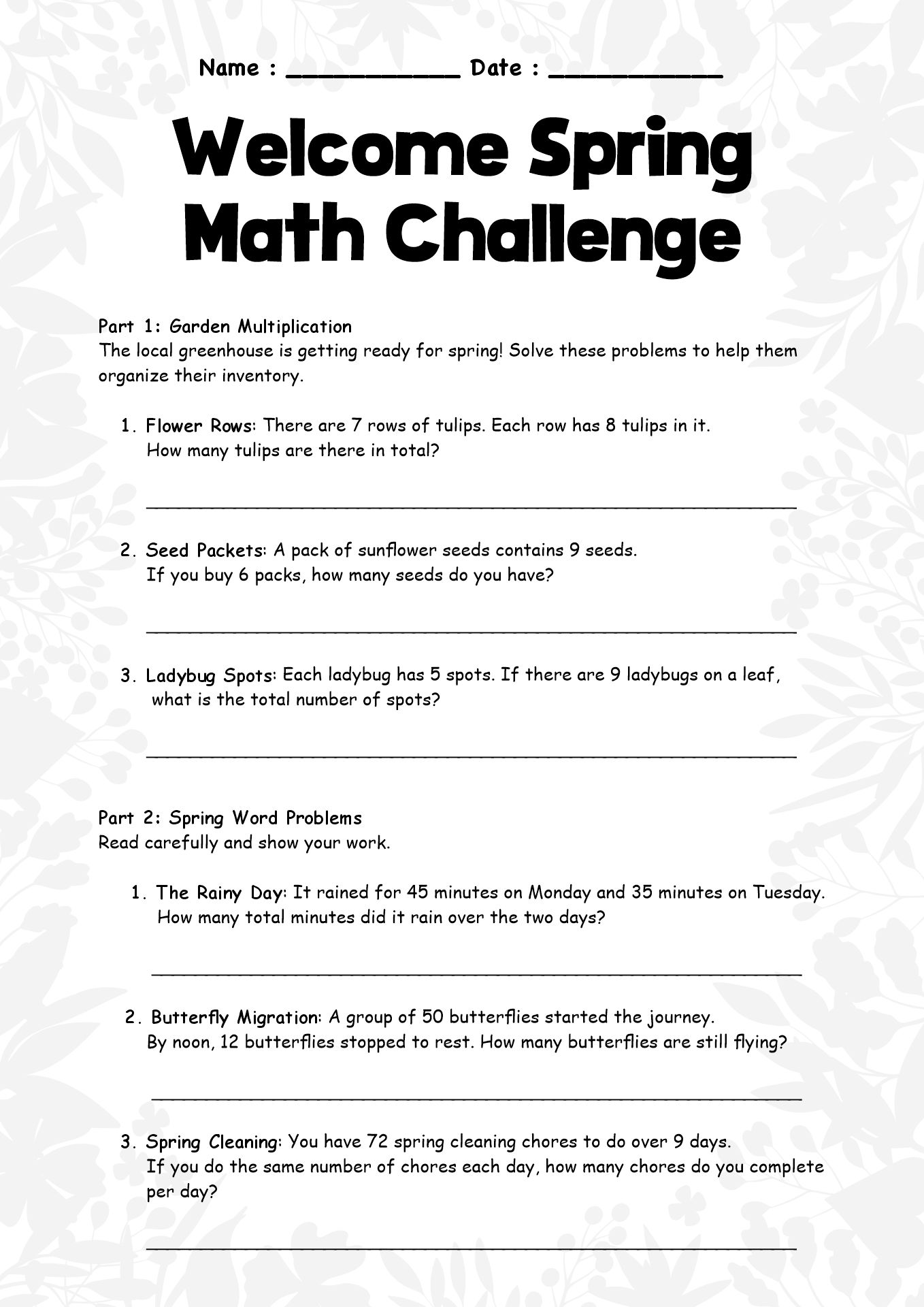Welcome Spring Math Challenge Worksheet 3rd Grade
