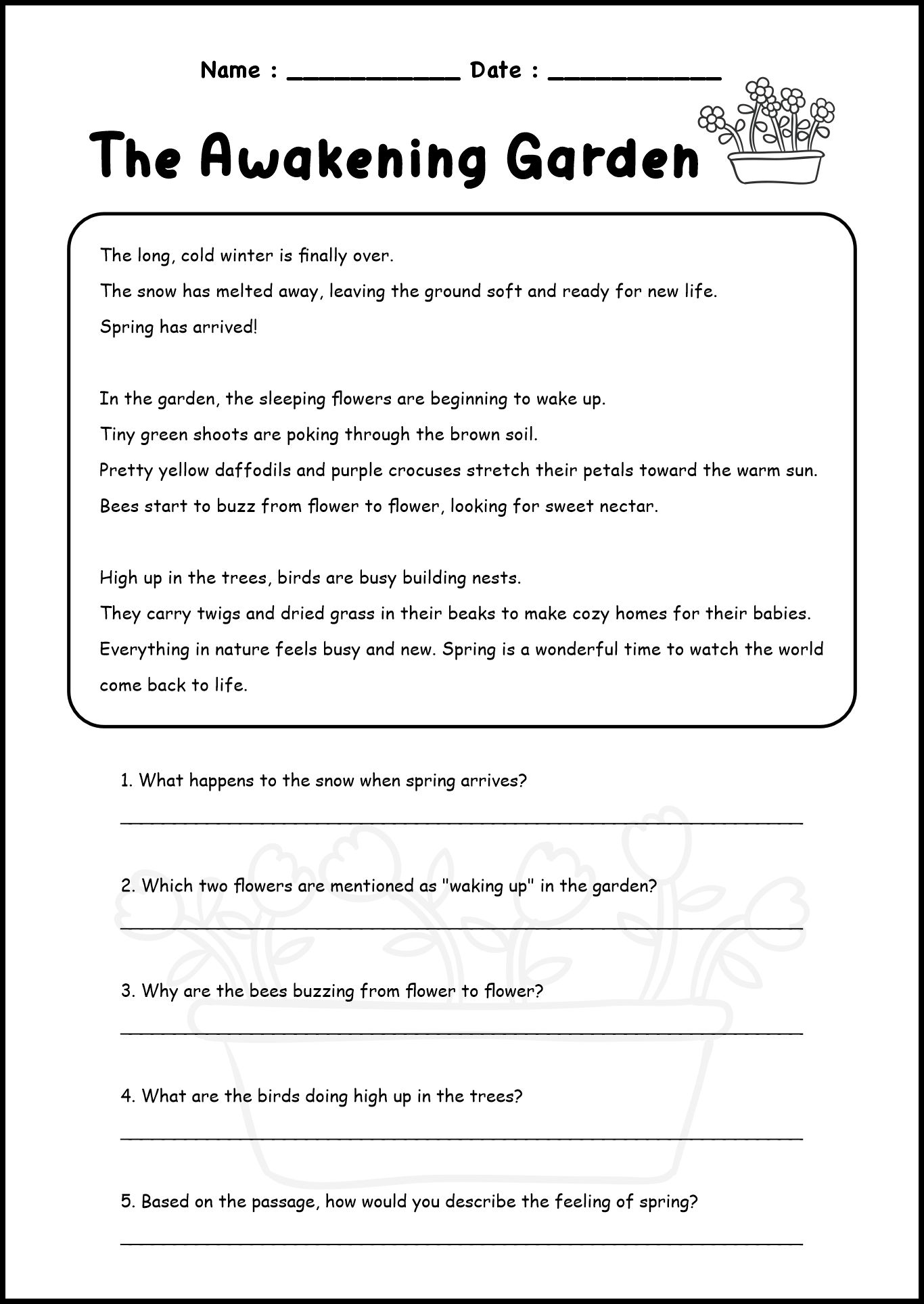 Welcome Spring Reading Comprehension Worksheet 3rd Grade